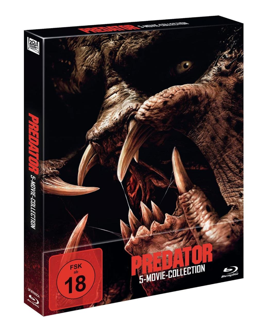 Predator 5-Movie Collection Blu-ray-Box-Set. Das Cover zeigt eine Nahaufnahme des Gesichts eines Predators mit großen Zähnen.