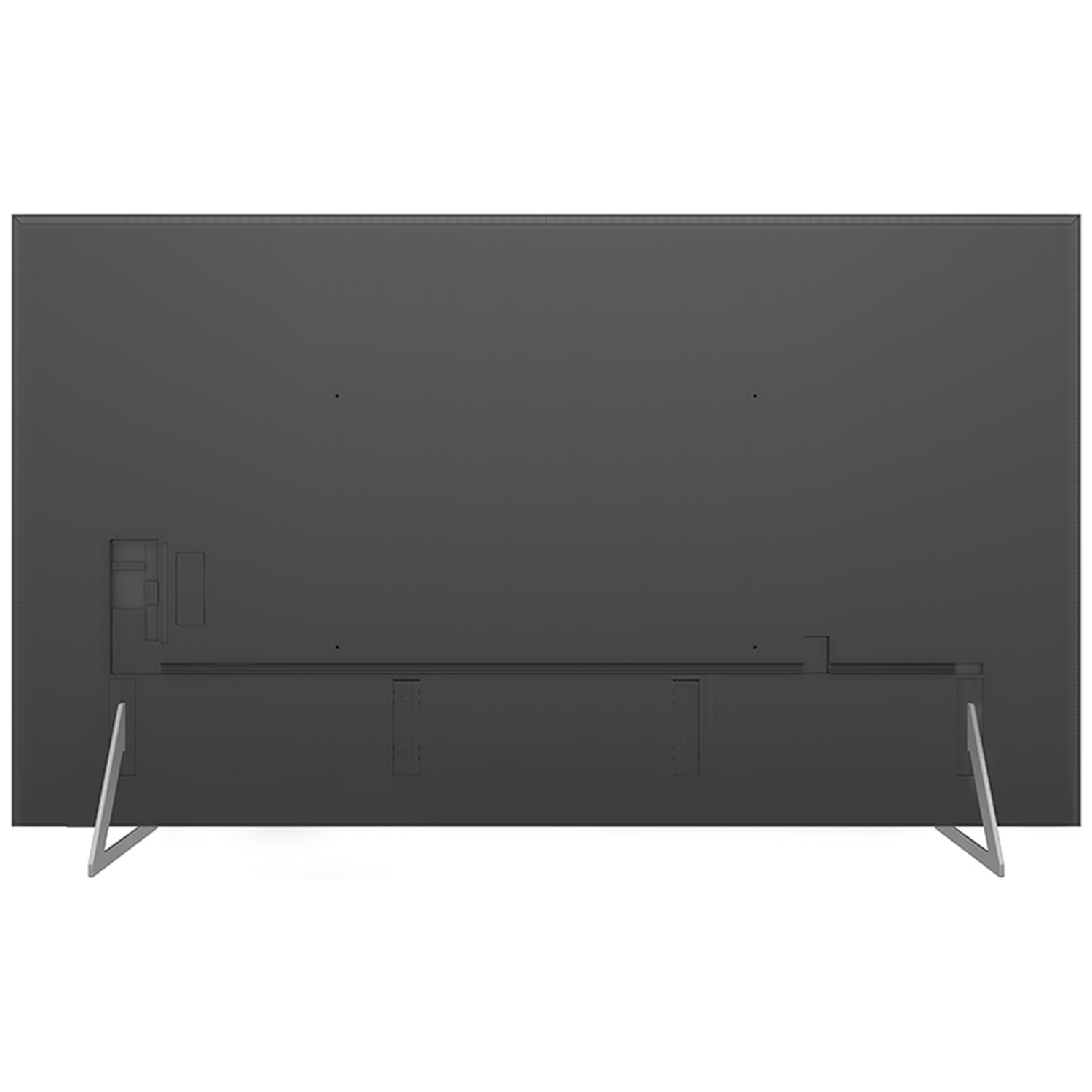 The back of a large, dark gray flat-screen TV. It has two silver legs. There are some ports and connectors visible.