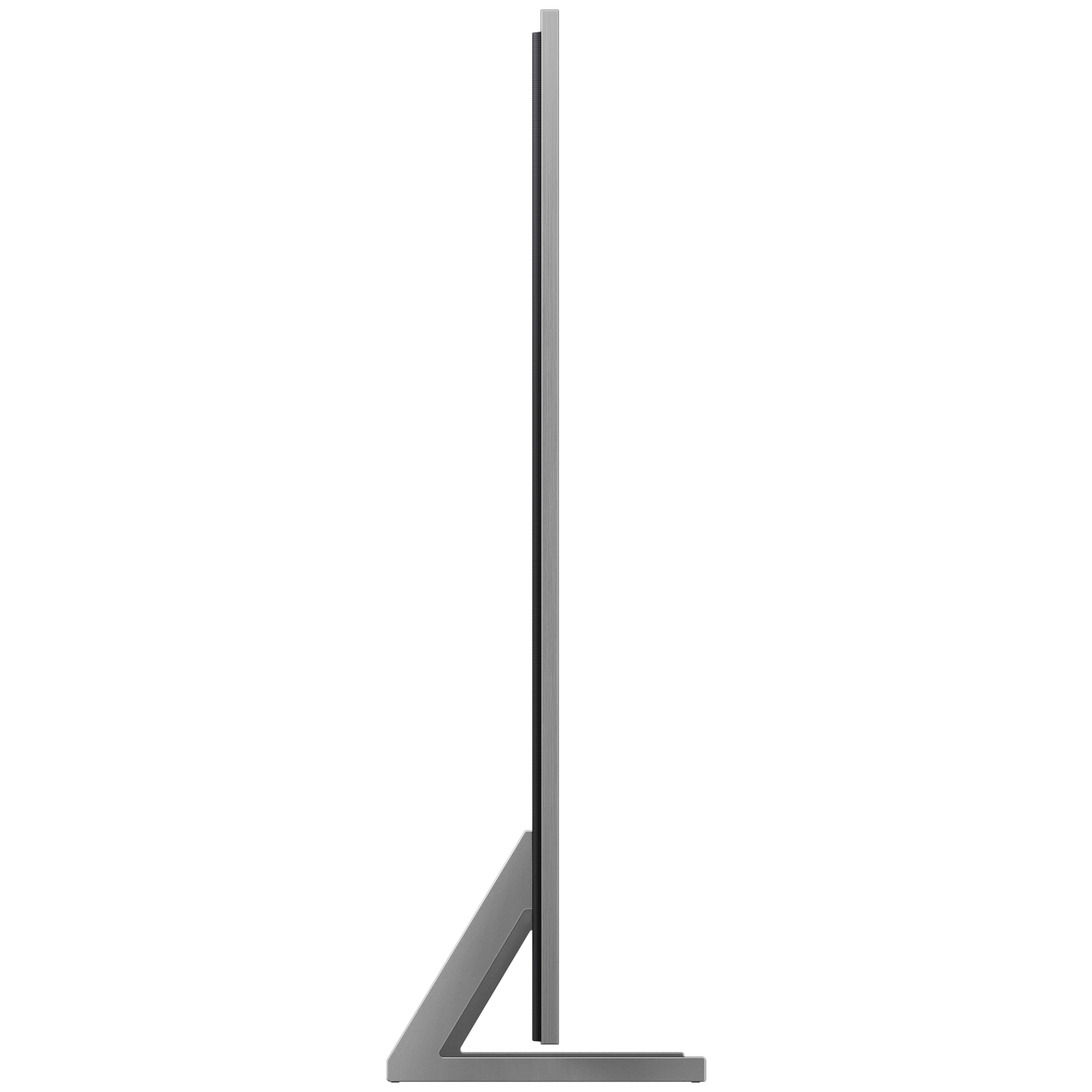 A modern, silver-colored television stands vertically. It has a thin frame, a wide base, and is placed against a white background.
