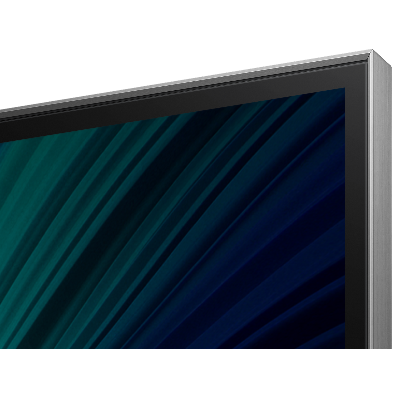 Close-up of a TV screen with a teal and blue abstract pattern. The TV has a silver frame and black bezel.