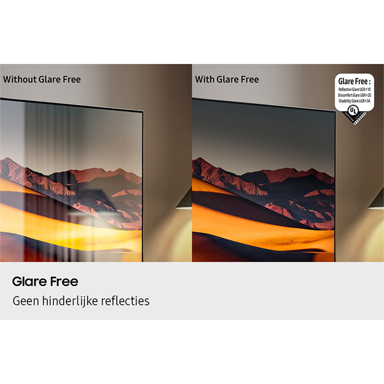 Image shows two TVs, one with glare, one without.  A mountain scene is reflected in the TV screens. Text says 'Glare Free'.