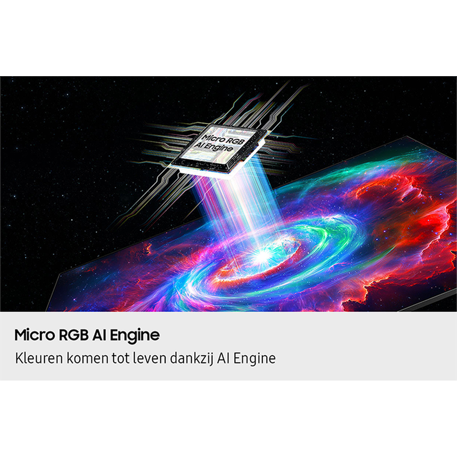 Image shows a Micro RGB AI Engine above a colorful galaxy-like display. Text below reads 'Kleuren komen tot leven dankzij Al Engine'.
