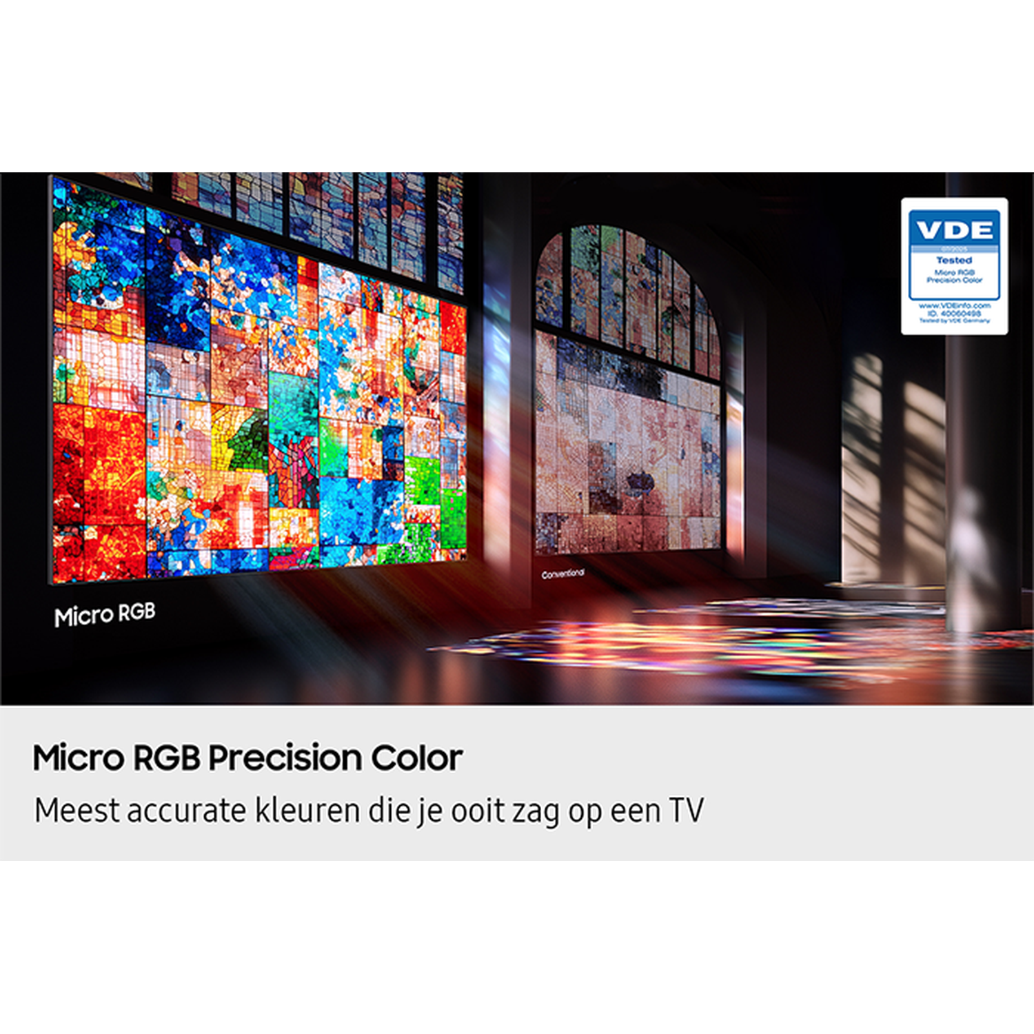 TV screen with colorful mosaic, VDE logo, and text 'Micro RGB Precision Color'.