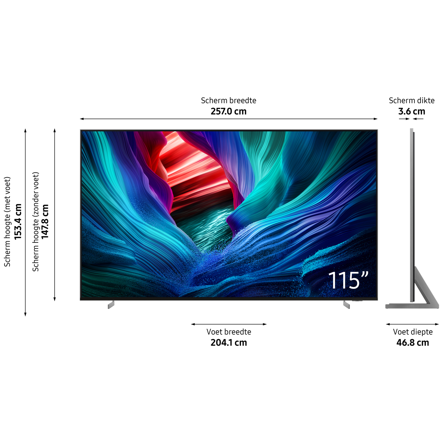 A large 115" TV displays a colorful abstract image. Dimensions are labeled: width 257cm, height 153.4cm, and depth 3.6cm.