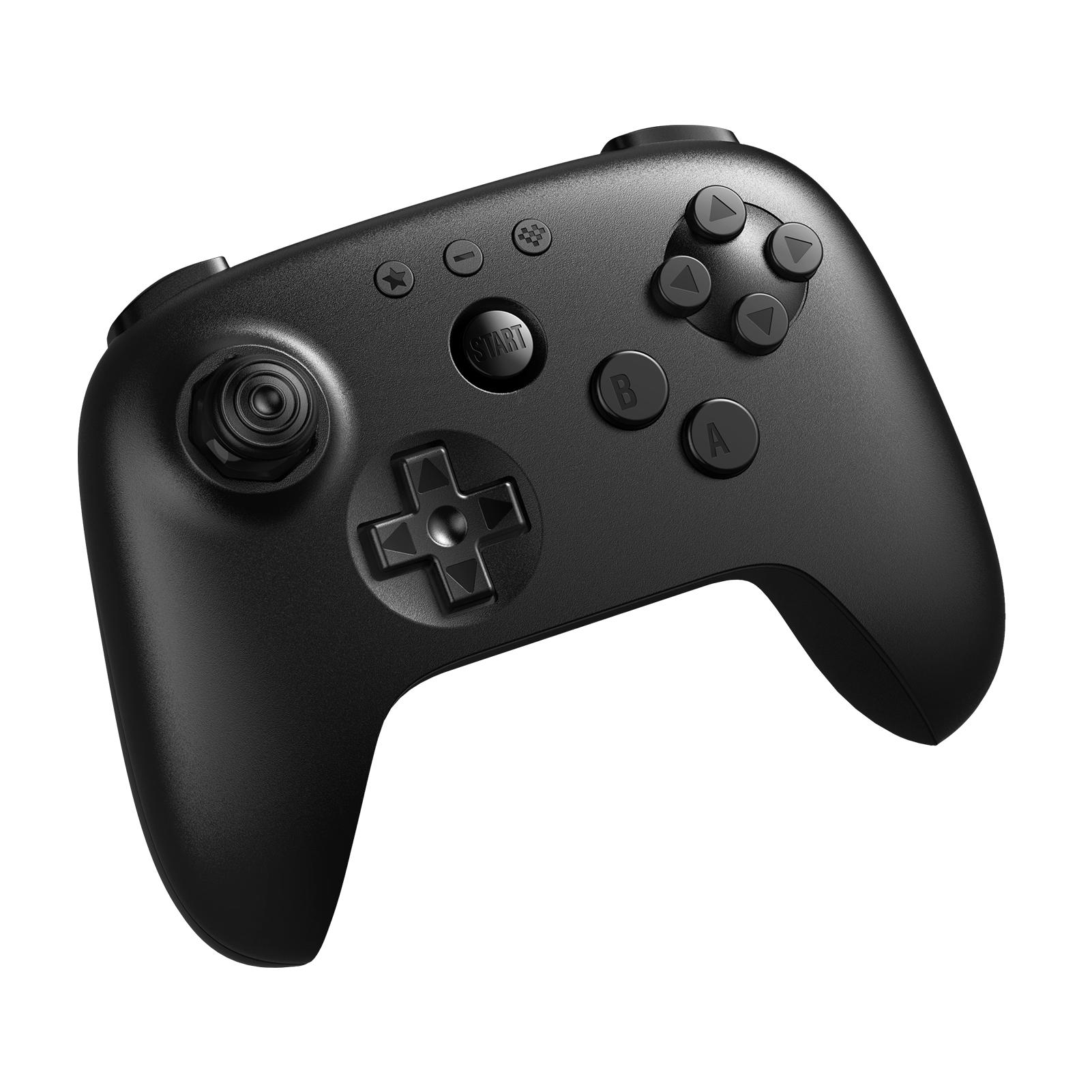 Schwarzer Gamecontroller mit Tasten, Steuerkreuz und Analogsticks, isoliert auf weißem Hintergrund.