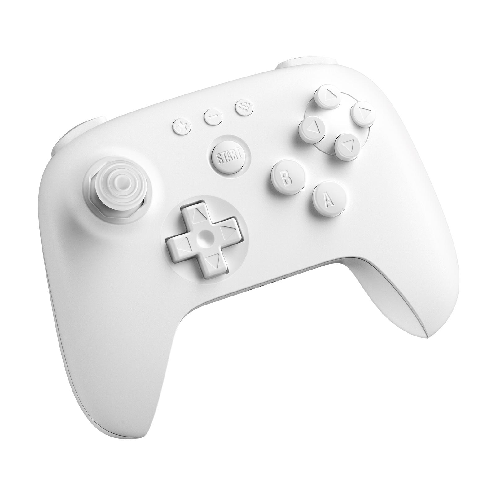 Ein weißer Gamecontroller mit Knöpfen, Steuerkreuz und Analogsticks, isoliert auf weißem Hintergrund.