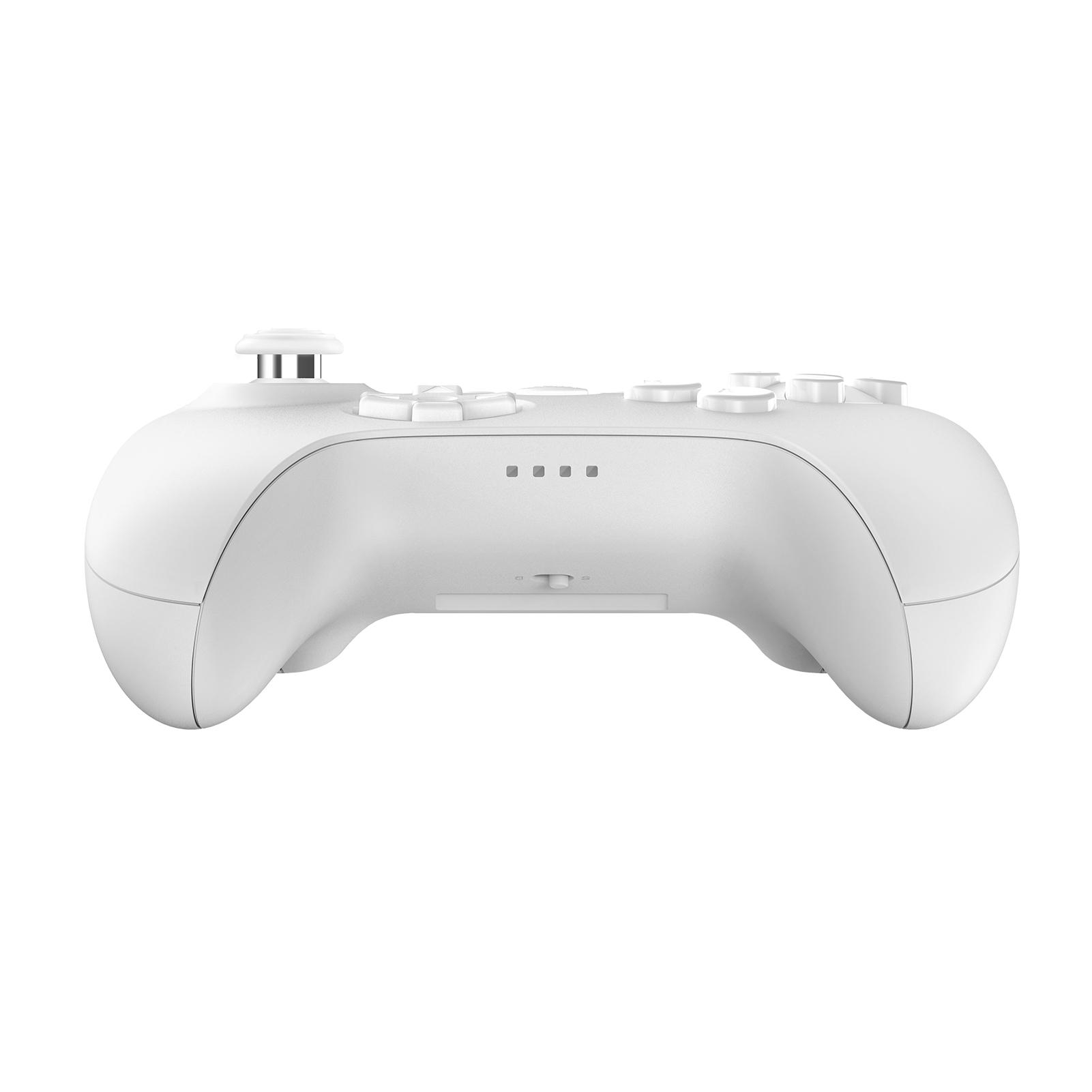 Ein weißer Gamecontroller befindet sich mittig auf weißem Hintergrund. Er hat Tasten, zwei Joysticks und ein Steuerkreuz.