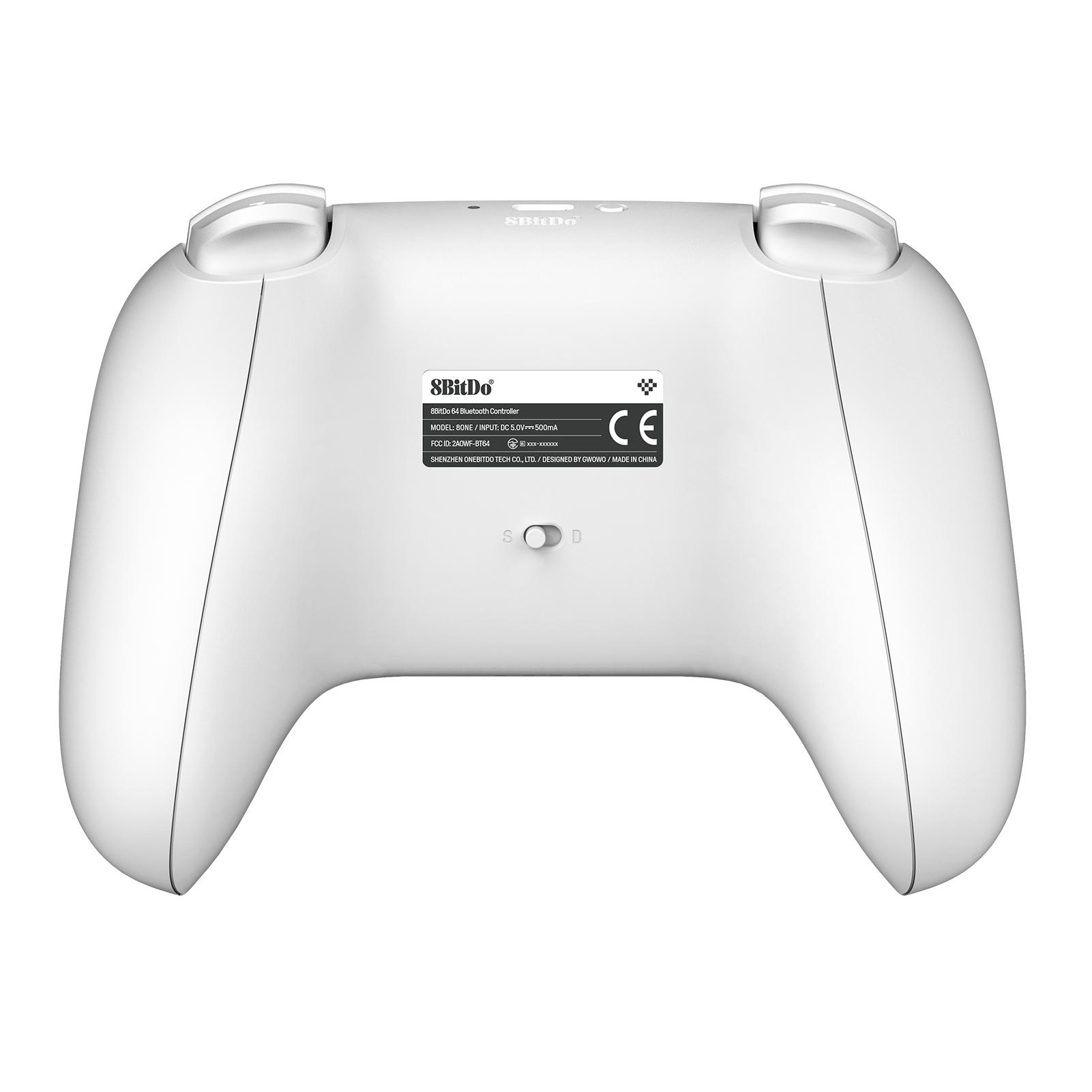 Weißer 8BitDo-Controller. Er hat Knöpfe und einen Aufkleber mit Spezifikationen.