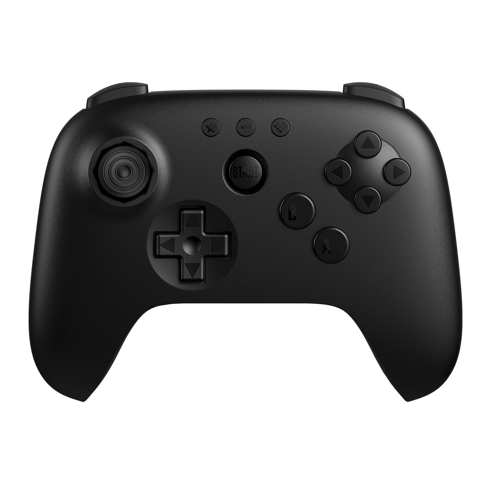 Schwarzer Gamecontroller mit Knöpfen, Steuerkreuz und Analogsticks auf weißem Hintergrund.