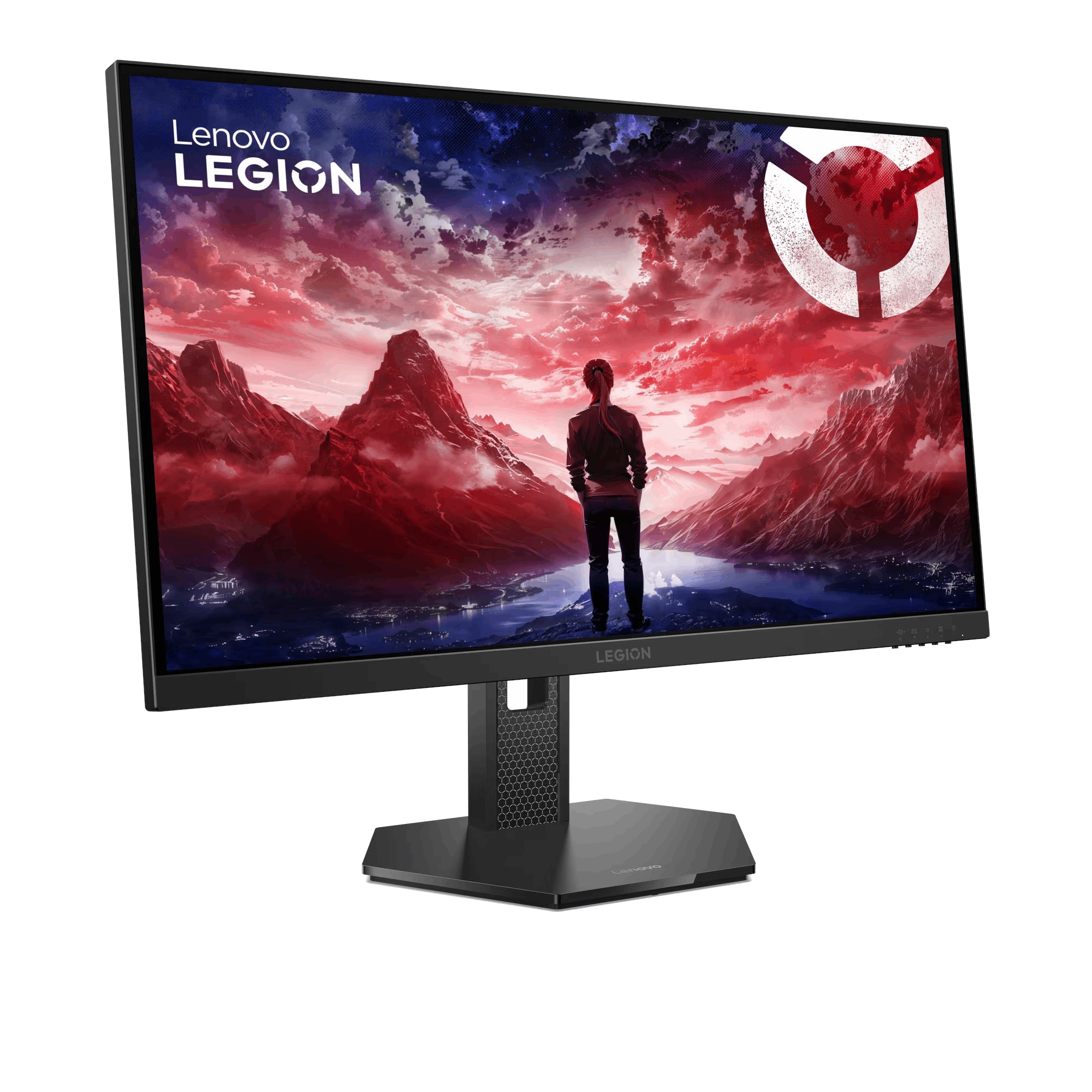 Monitor Lenovo Legion. Muestra a una persona frente a un paisaje rojo. El monitor está en un soporte negro.