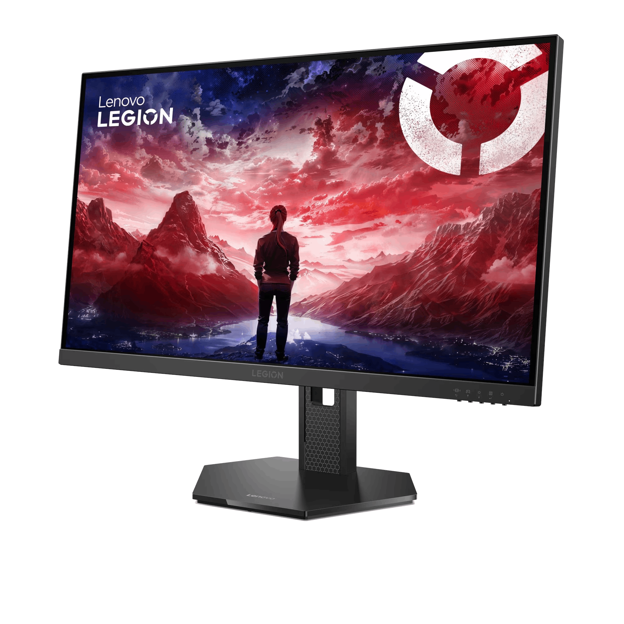 El monitor Lenovo Legion muestra a una persona frente a montañas. La pantalla muestra un paisaje en rojo y azul.