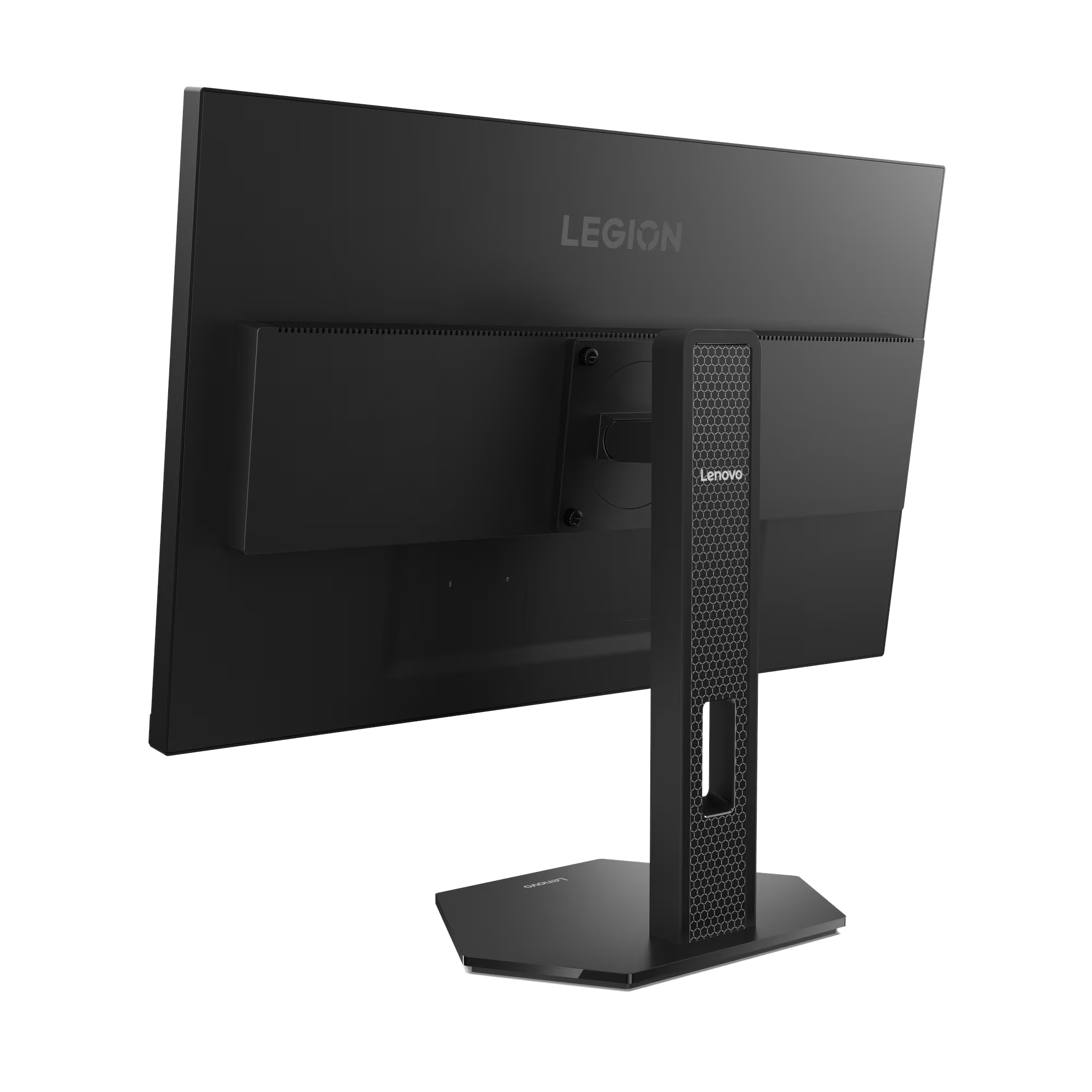 Vista trasera de un monitor Lenovo Legion negro. El soporte tiene un logotipo de Lenovo y un diseño de panal.
