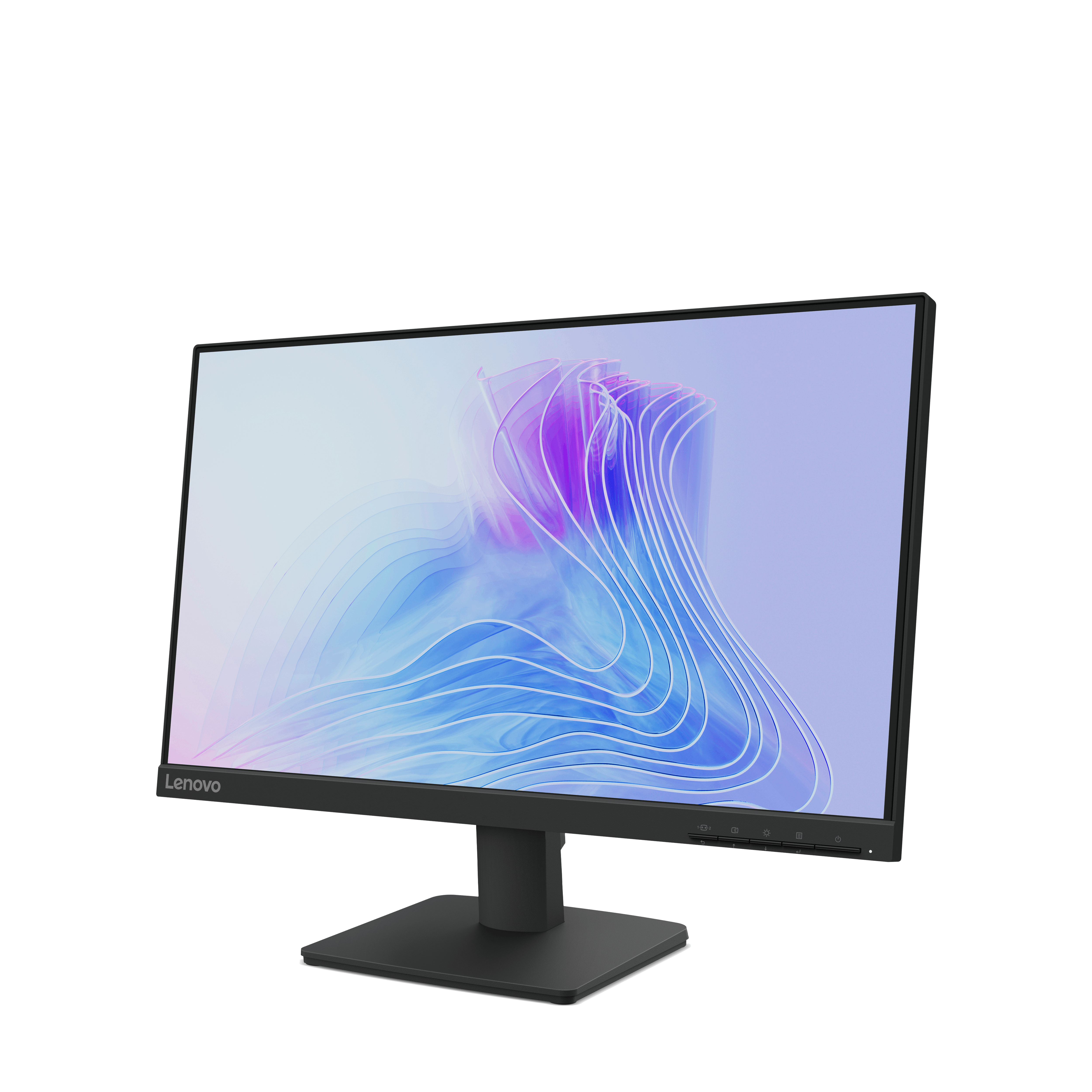 Monitor Lenovo con diseño abstracto azul, morado y blanco en la pantalla. Soporte y marco negros.