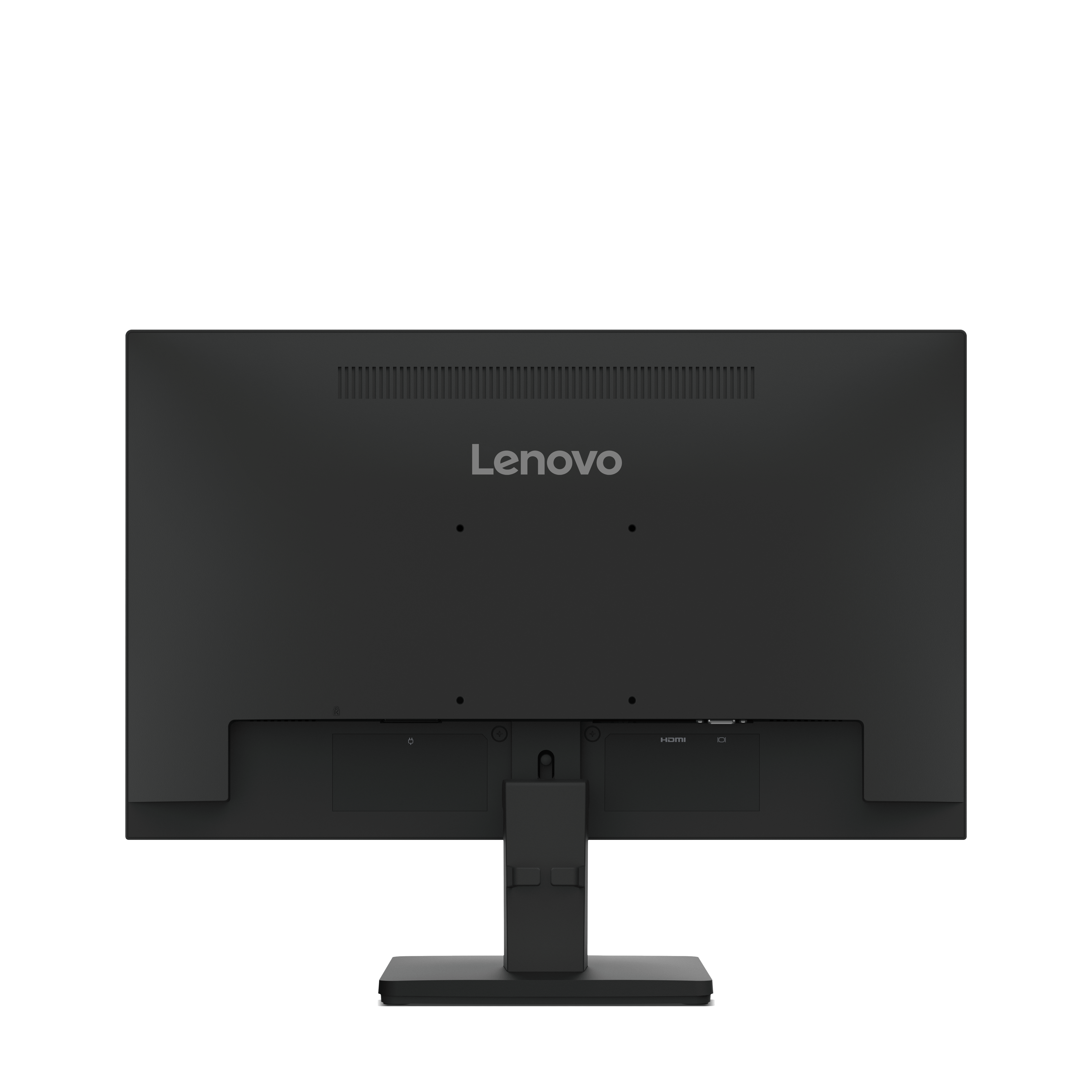 Parte trasera de un monitor Lenovo negro, con puertos, soporte y el logotipo en el centro.