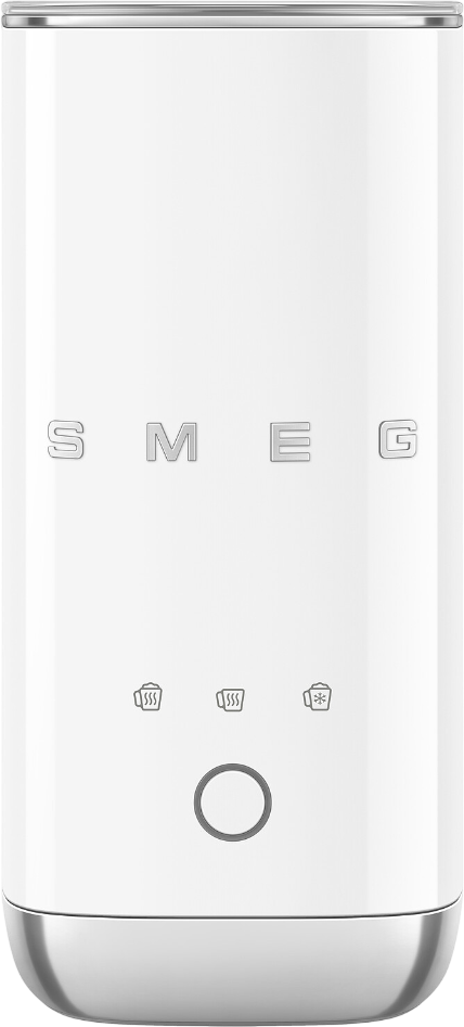 Ein weißer Smeg-Wasserkocher mit metallischen Akzenten. Er hat den Markennamen und Symbole für Temperatureinstellungen und einen Netzschalter.