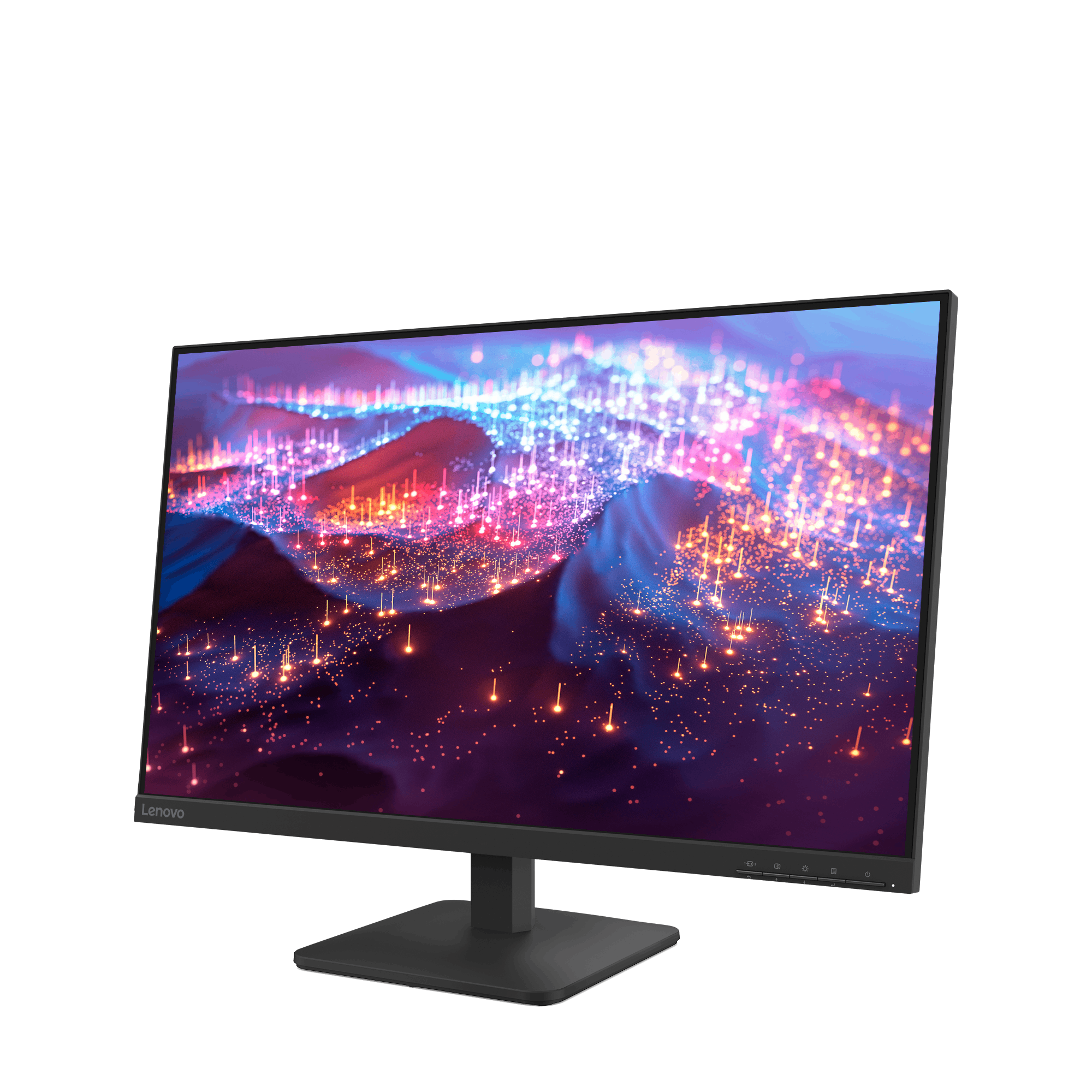 El monitor Lenovo muestra un gráfico abstracto colorido. El monitor es negro, sobre un fondo negro.