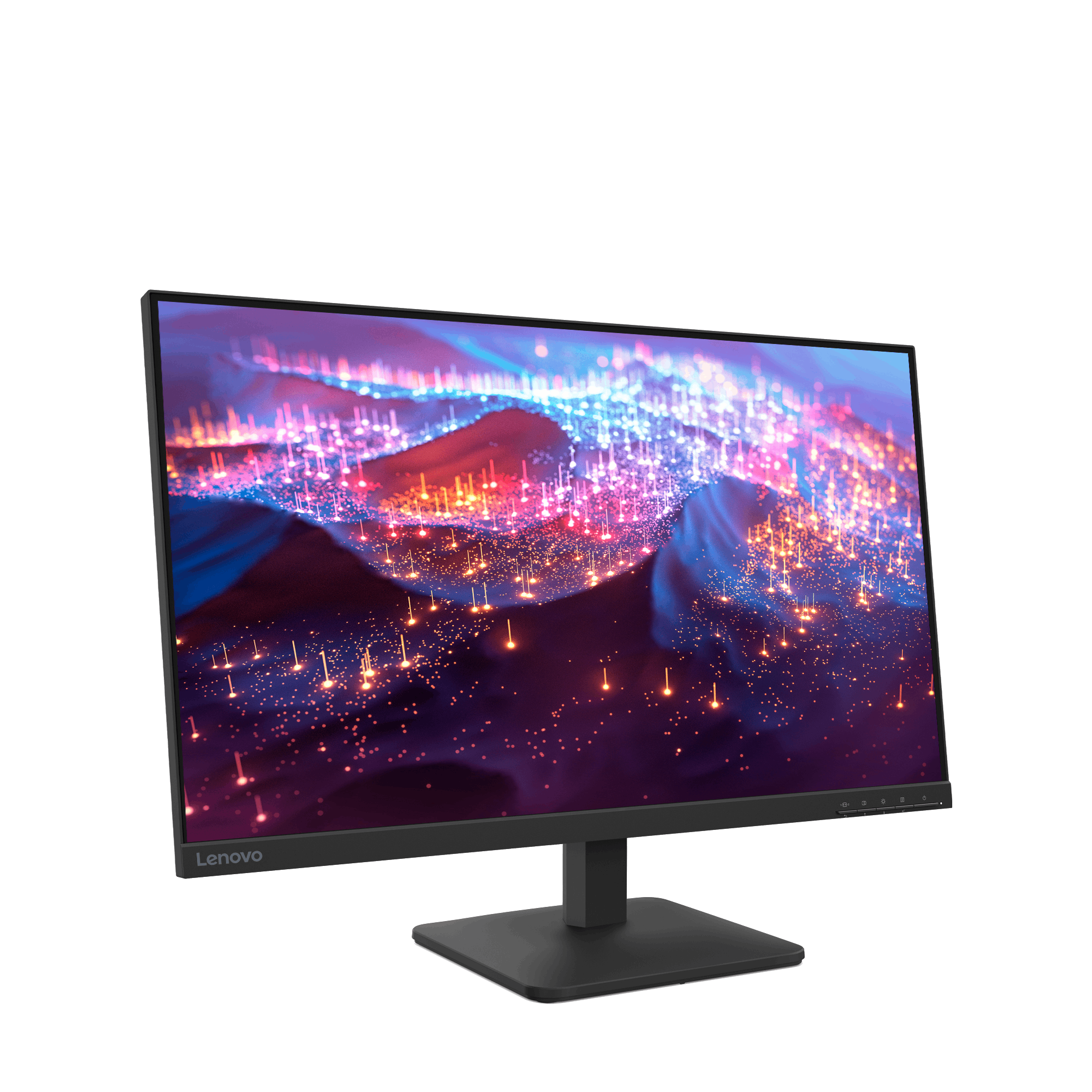 Monitor Lenovo con pantalla abstracta colorida sobre fondo negro. El soporte y el bisel son negros.