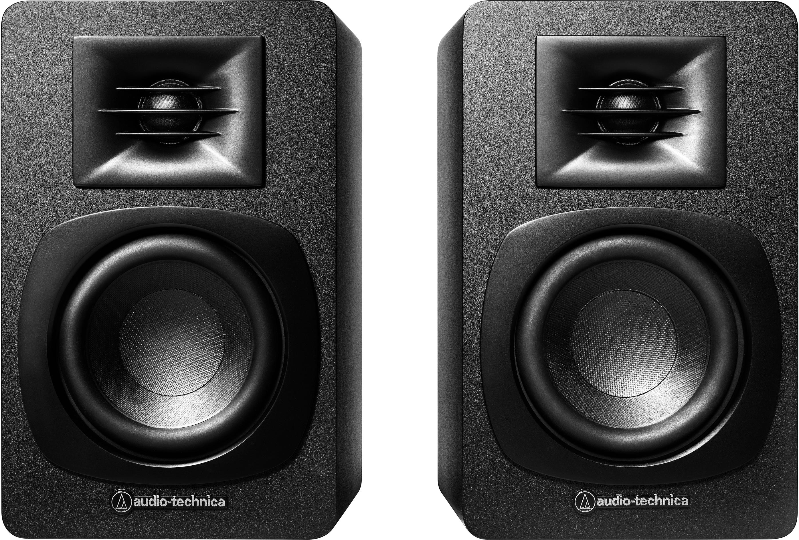 Due altoparlanti audio neri. Ognuno ha un tweeter, un woofer e il logo Audio-Technica.