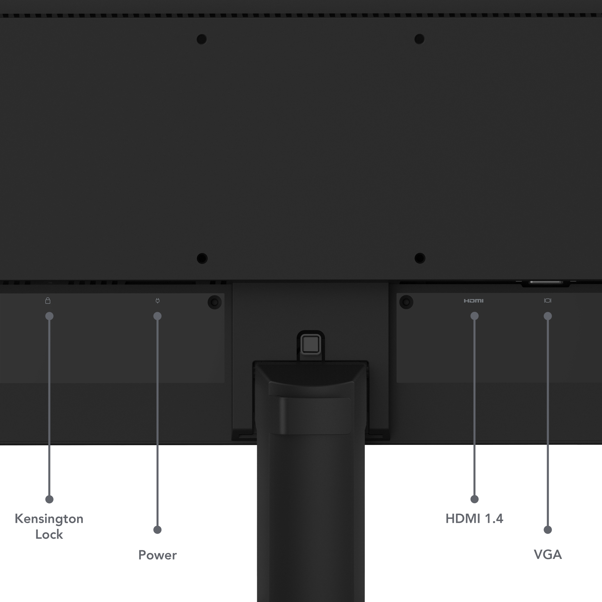 La parte trasera de un monitor negro con bloqueo Kensington, alimentación, HDMI 1.4 y puertos VGA etiquetados.