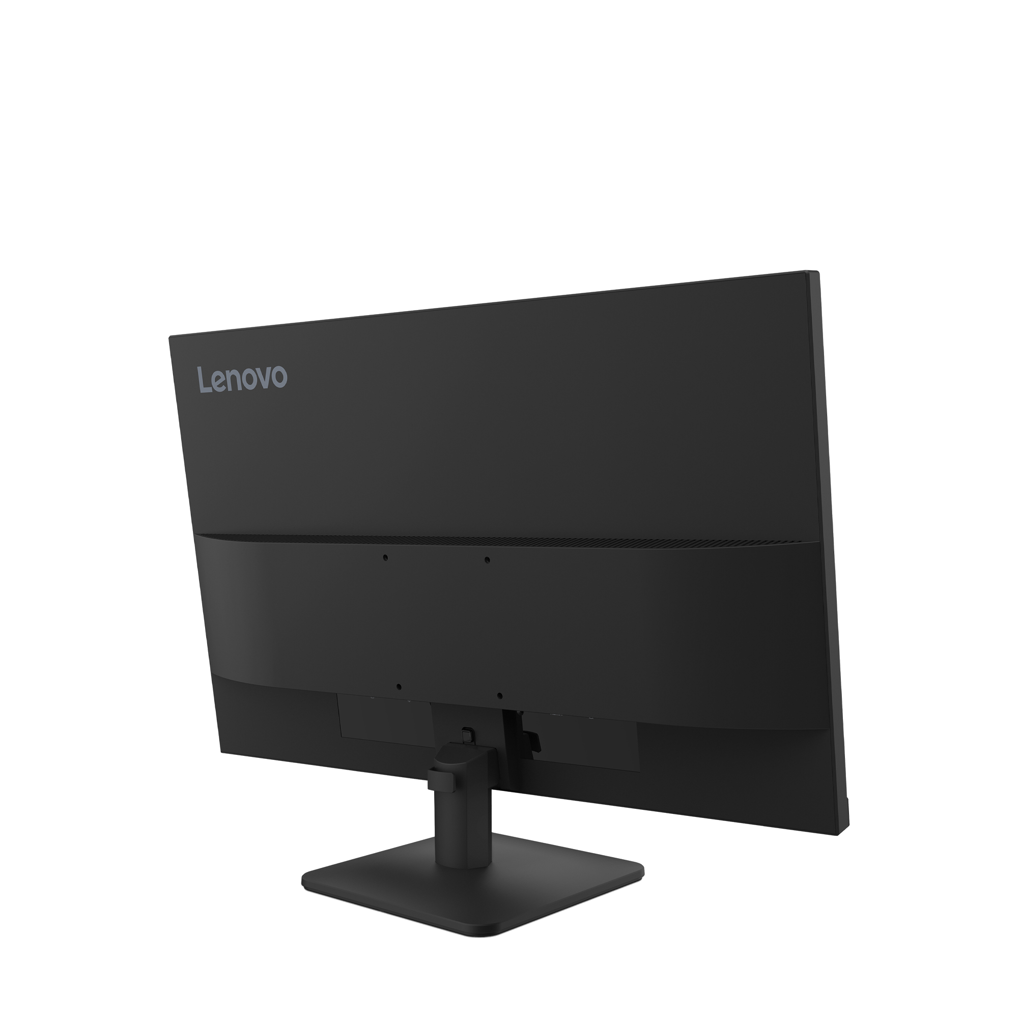 Parte trasera de un monitor Lenovo negro con el nombre de la marca. Sobre fondo negro.