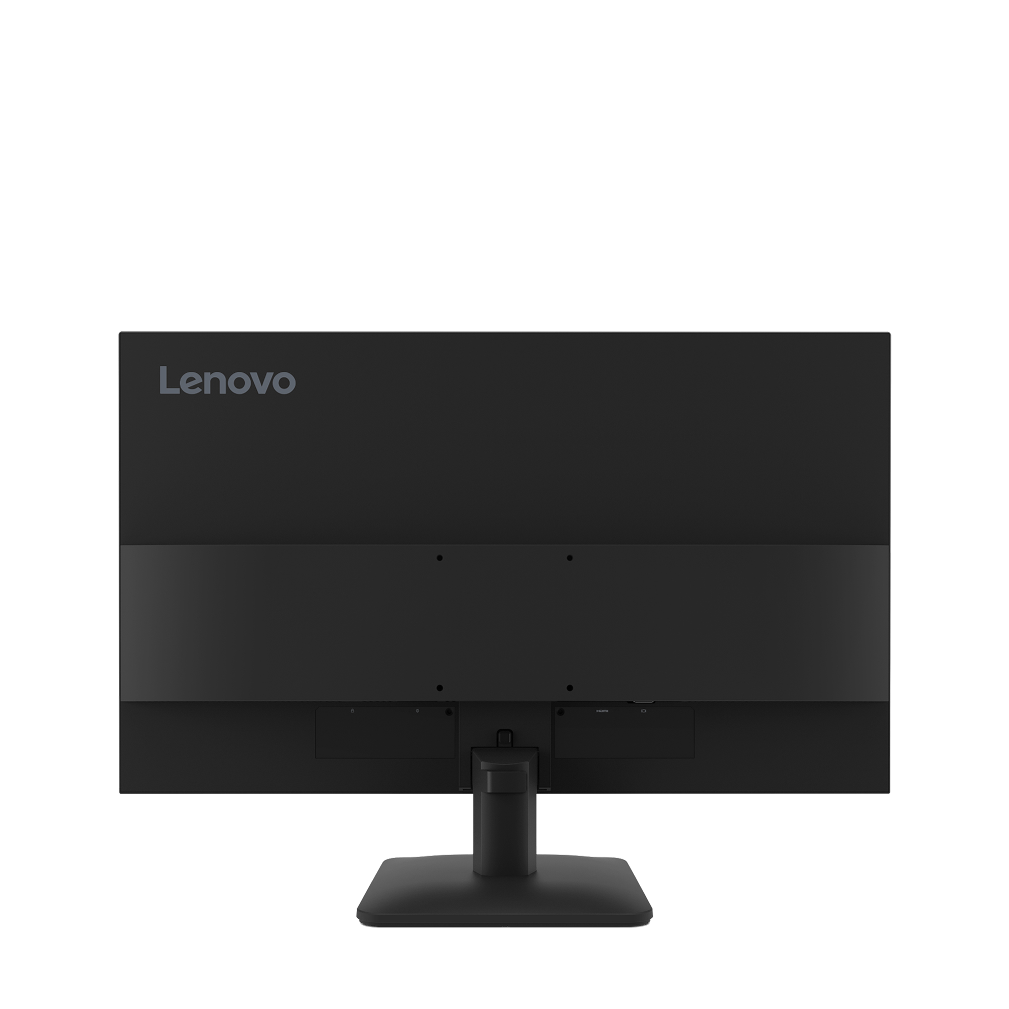 Vista trasera de un monitor Lenovo negro. Un soporte sostiene el monitor, con puertos y el logotipo de Lenovo visibles.