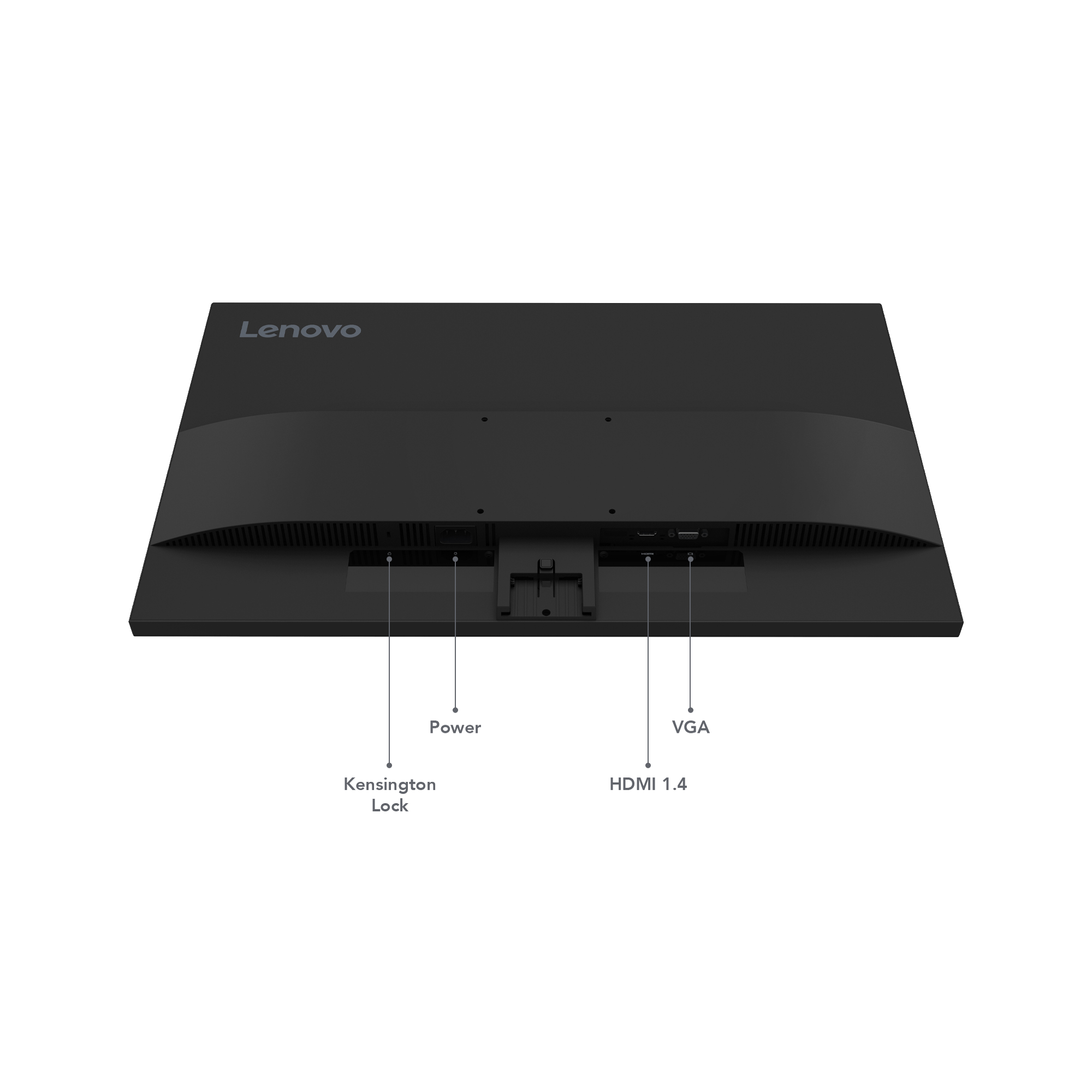 La parte trasera de un monitor Lenovo negro con puertos etiquetados: bloqueo Kensington, alimentación, HDMI y VGA.