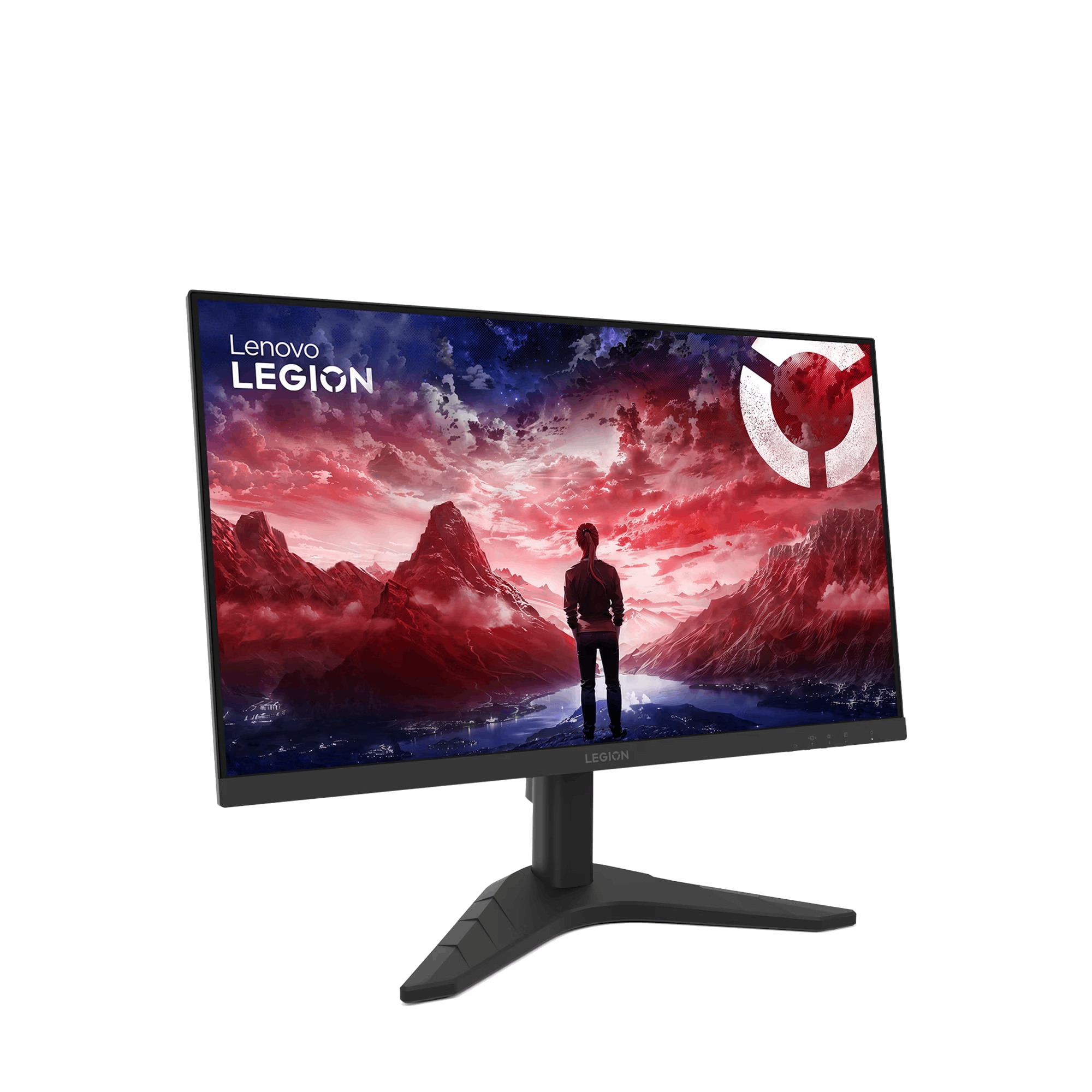 El monitor Lenovo Legion muestra a una persona que contempla montañas. La pantalla tiene un cielo rojo y azul.