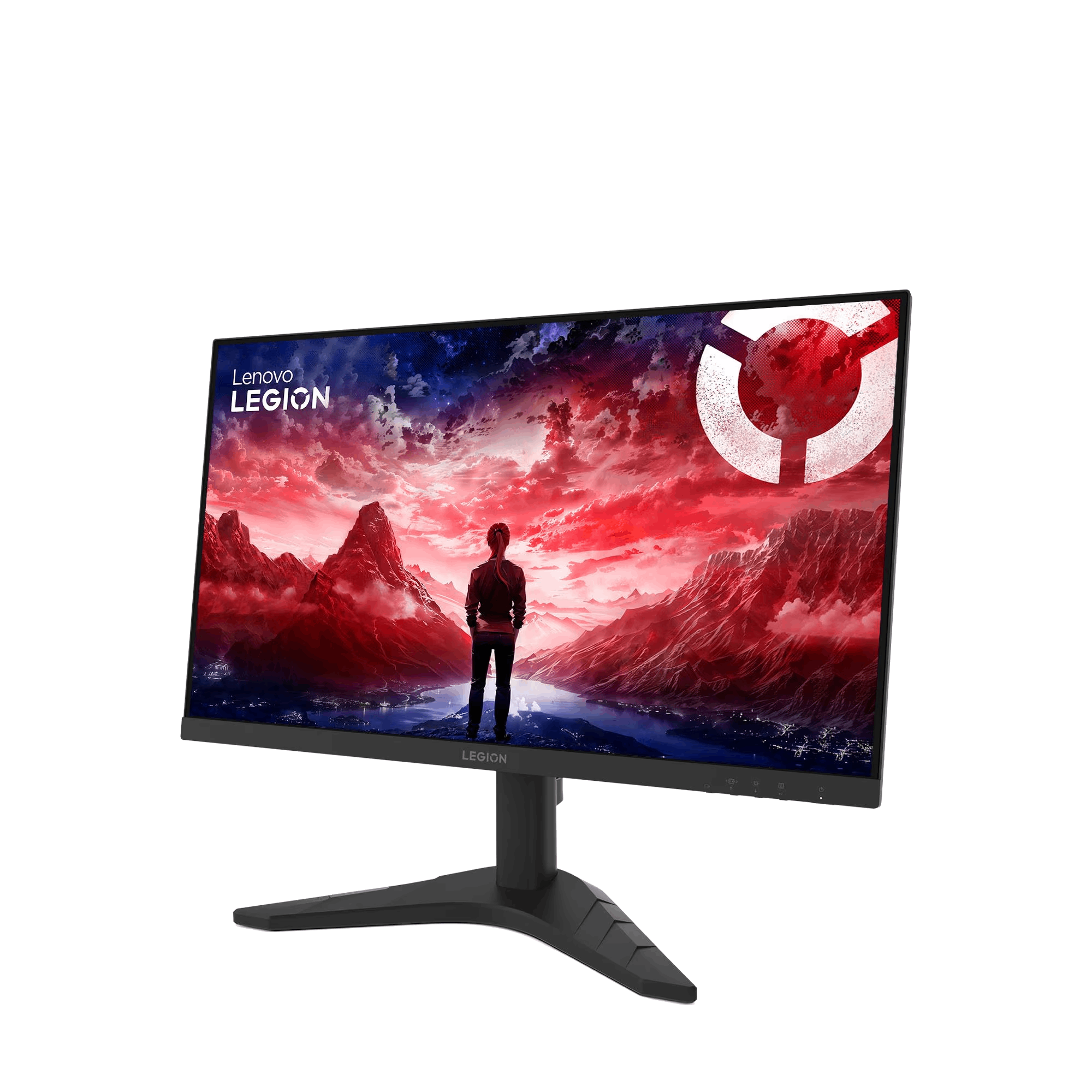 El monitor Lenovo Legion muestra a una persona que contempla montañas rojas y una masa de agua, un logotipo en la esquina superior derecha.