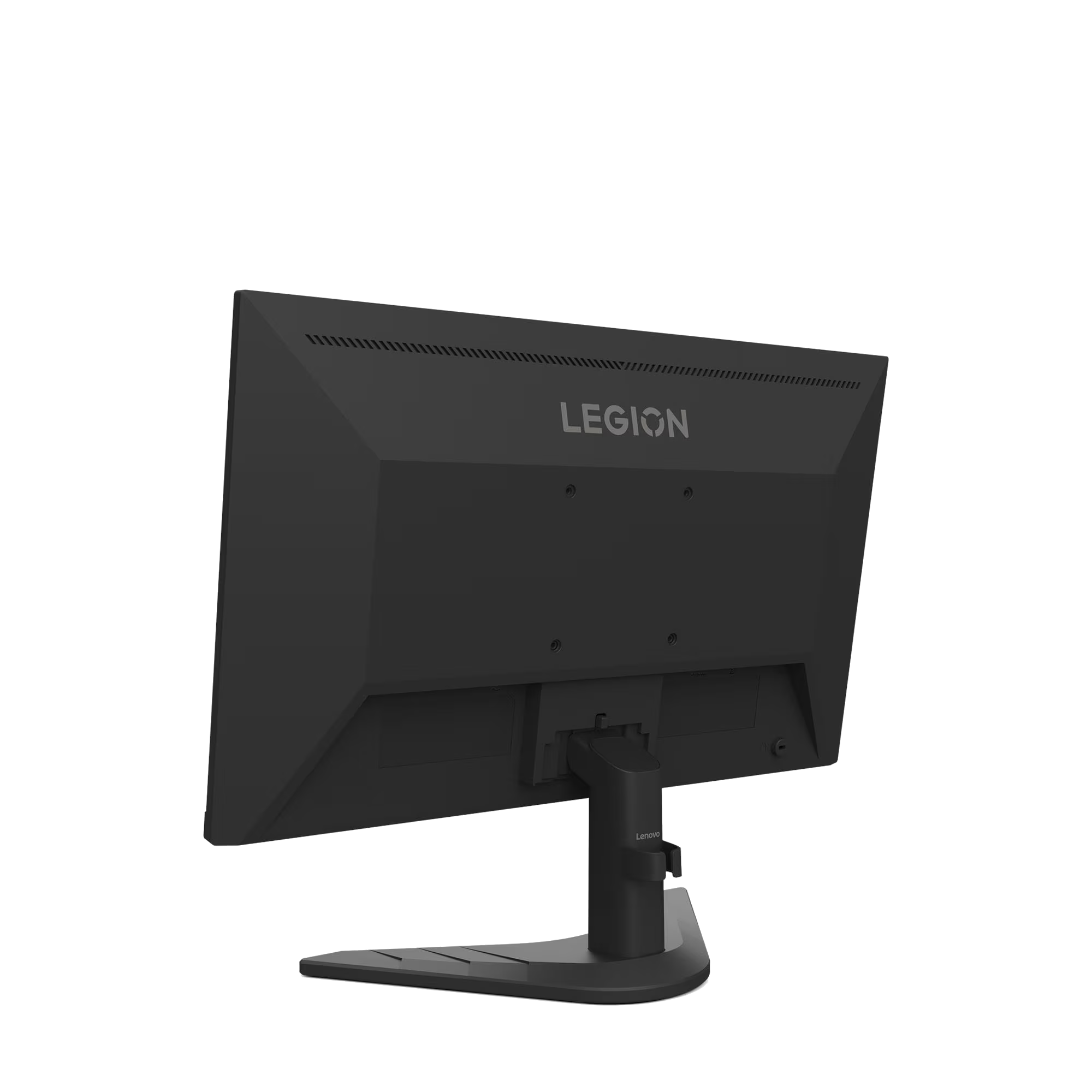 Se muestra la parte trasera de un monitor Legion negro, con el logotipo de Legion en la parte superior y la marca Lenovo en el soporte.