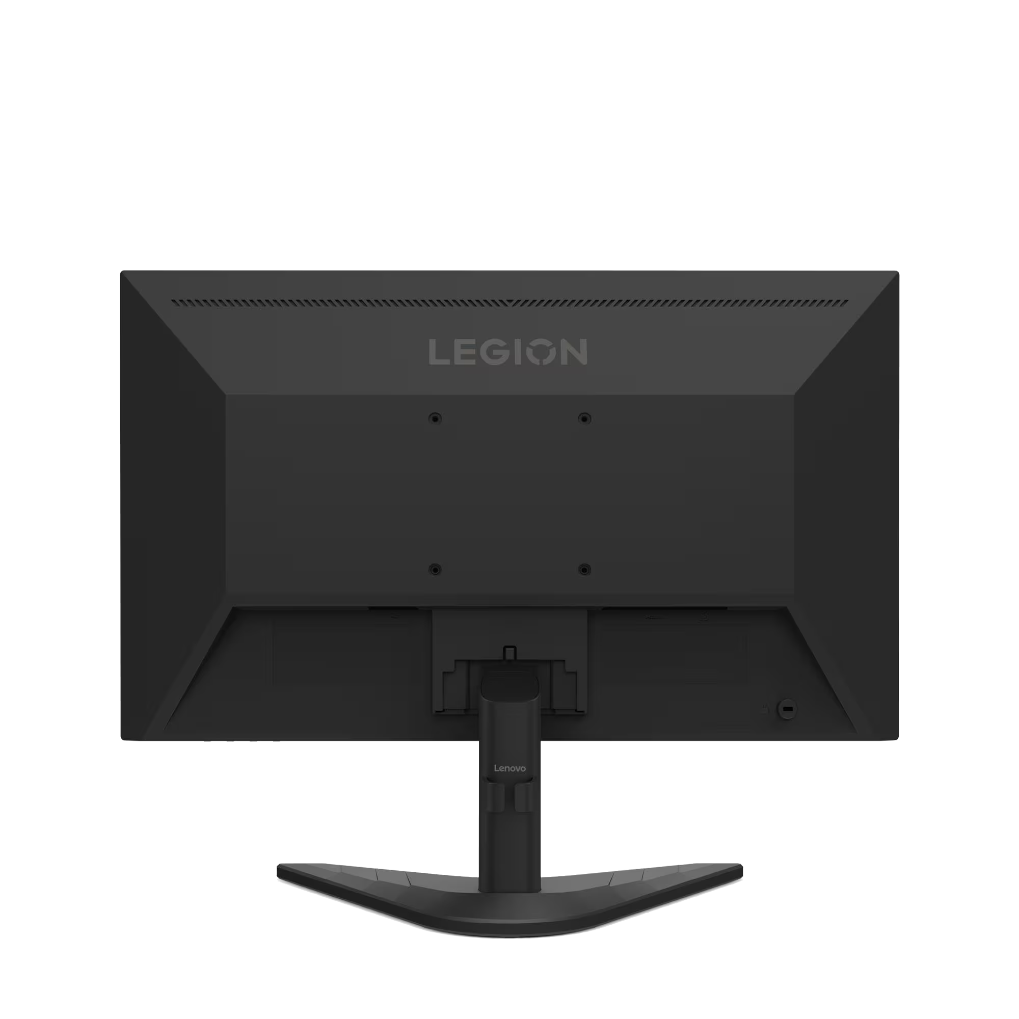 La parte trasera de un monitor Lenovo Legion negro sobre un fondo negro. El soporte está conectado. La palabra LEGION es visible.