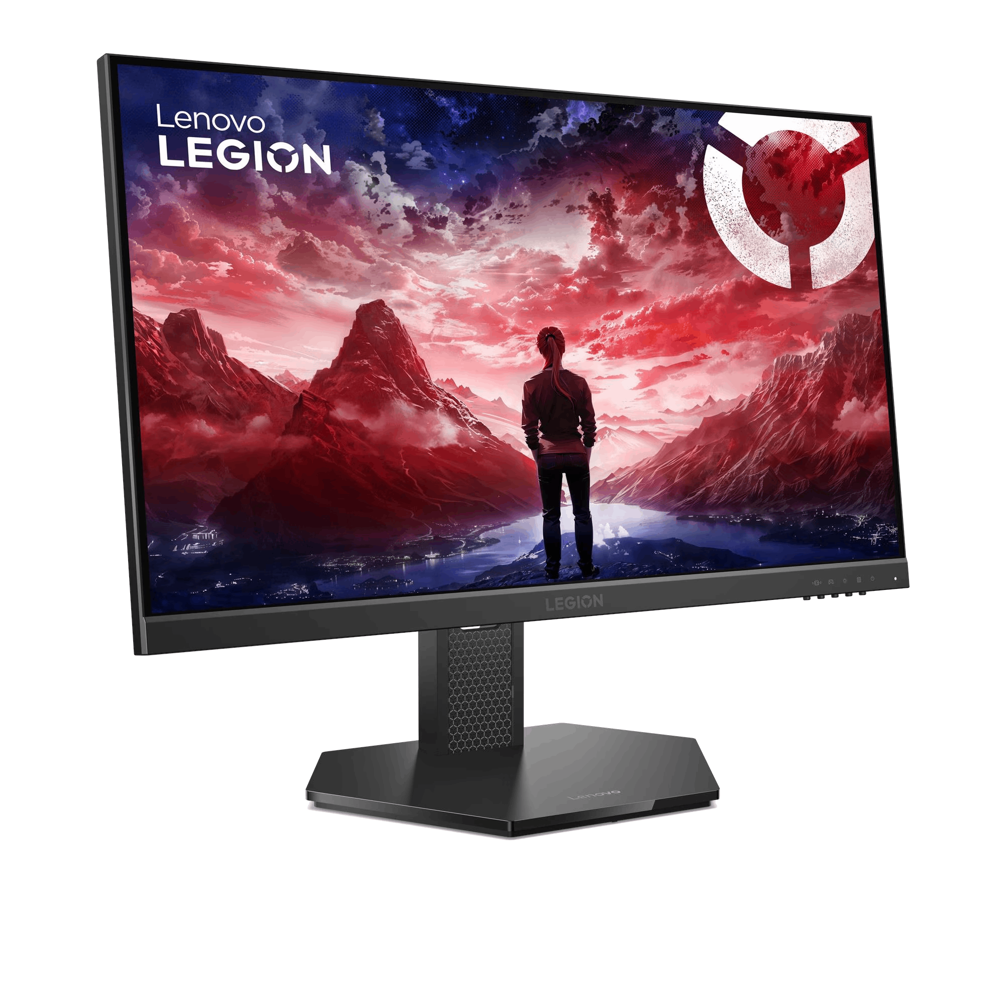 El monitor Lenovo Legion muestra a una persona contemplando un paisaje montañoso rojo. El monitor es negro y tiene una base negra.