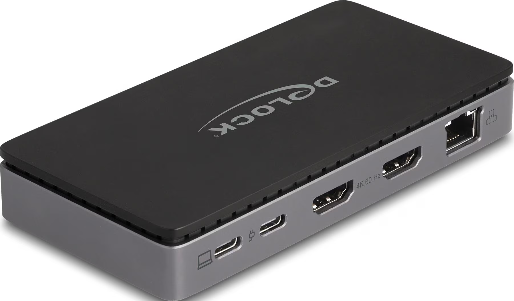 Eine schwarz-graue Delock-Dockingstation mit mehreren Anschlüssen, einschließlich HDMI, USB-C und Ethernet.