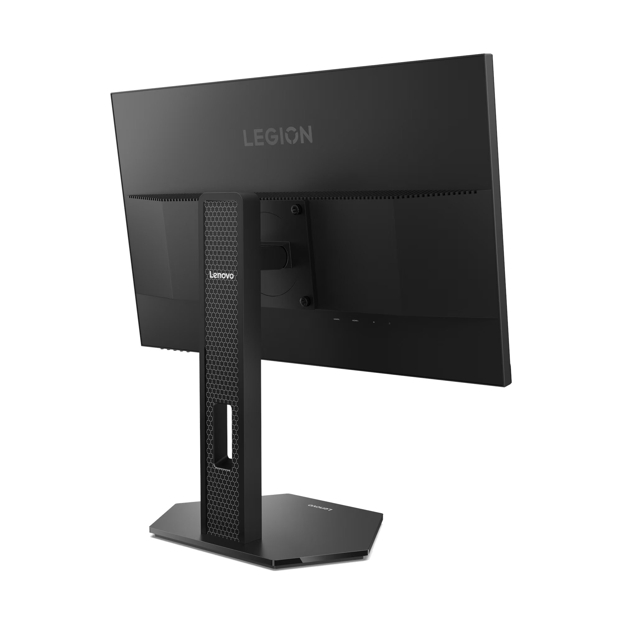 La parte trasera de un monitor Lenovo Legion negro. El soporte es negro con diseño de panal. El logotipo de Legion es visible.