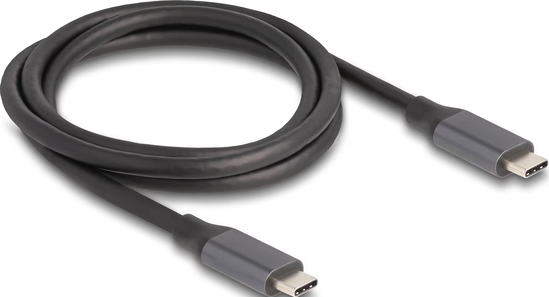 Ein schwarzes USB-C-Kabel, das auf einer weißen Oberfläche aufgerollt ist. Das Kabel hat zwei graue Stecker an jedem Ende, die einen Schatten werfen.