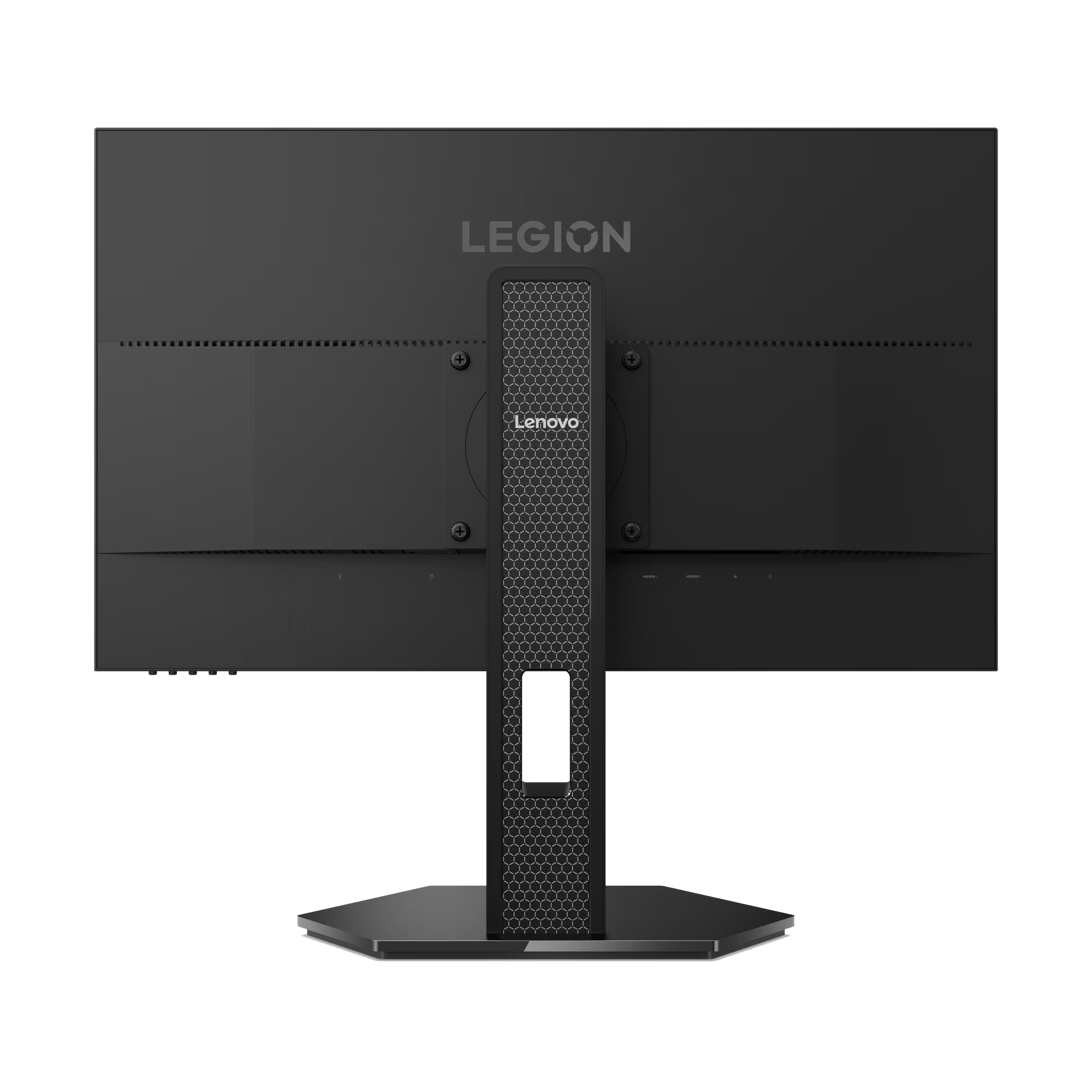 La parte trasera de un monitor gaming Lenovo Legion negro. Se ve el soporte y el logotipo de Lenovo.