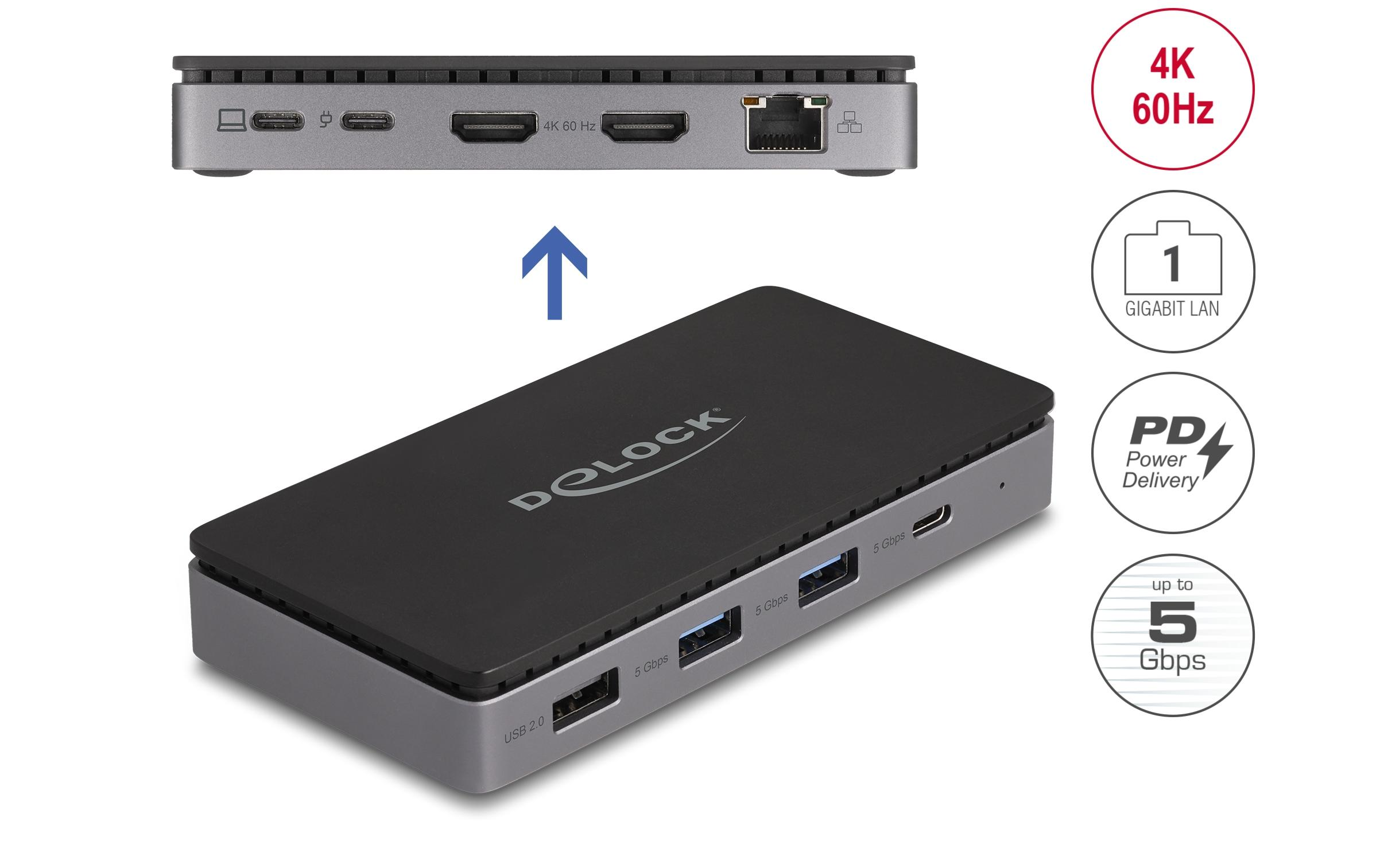 Eine schwarze und graue Dockingstation mit mehreren Anschlüssen, Symbolen für 4K, Gigabit-LAN und Power Delivery, sowie USB-Anschlüssen.