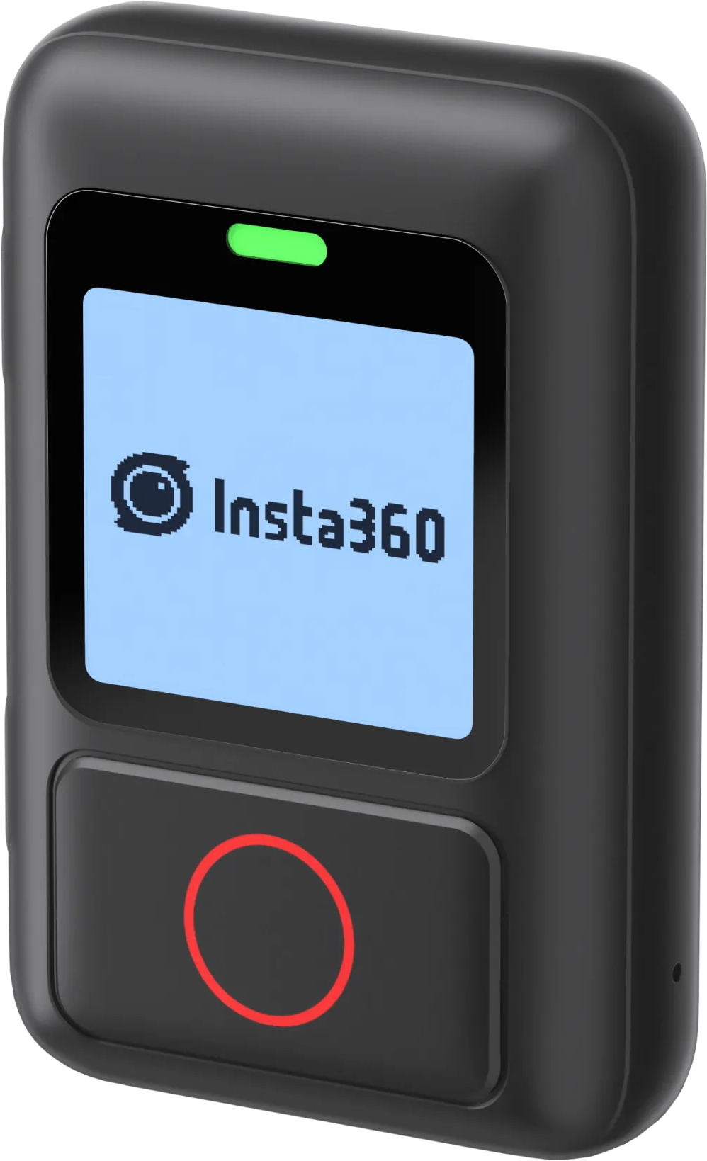 Schwarzes Insta360-Gerät mit Bildschirm, der das Logo zeigt. Oben leuchtet ein grünes Licht, unten ein roter Kreis.