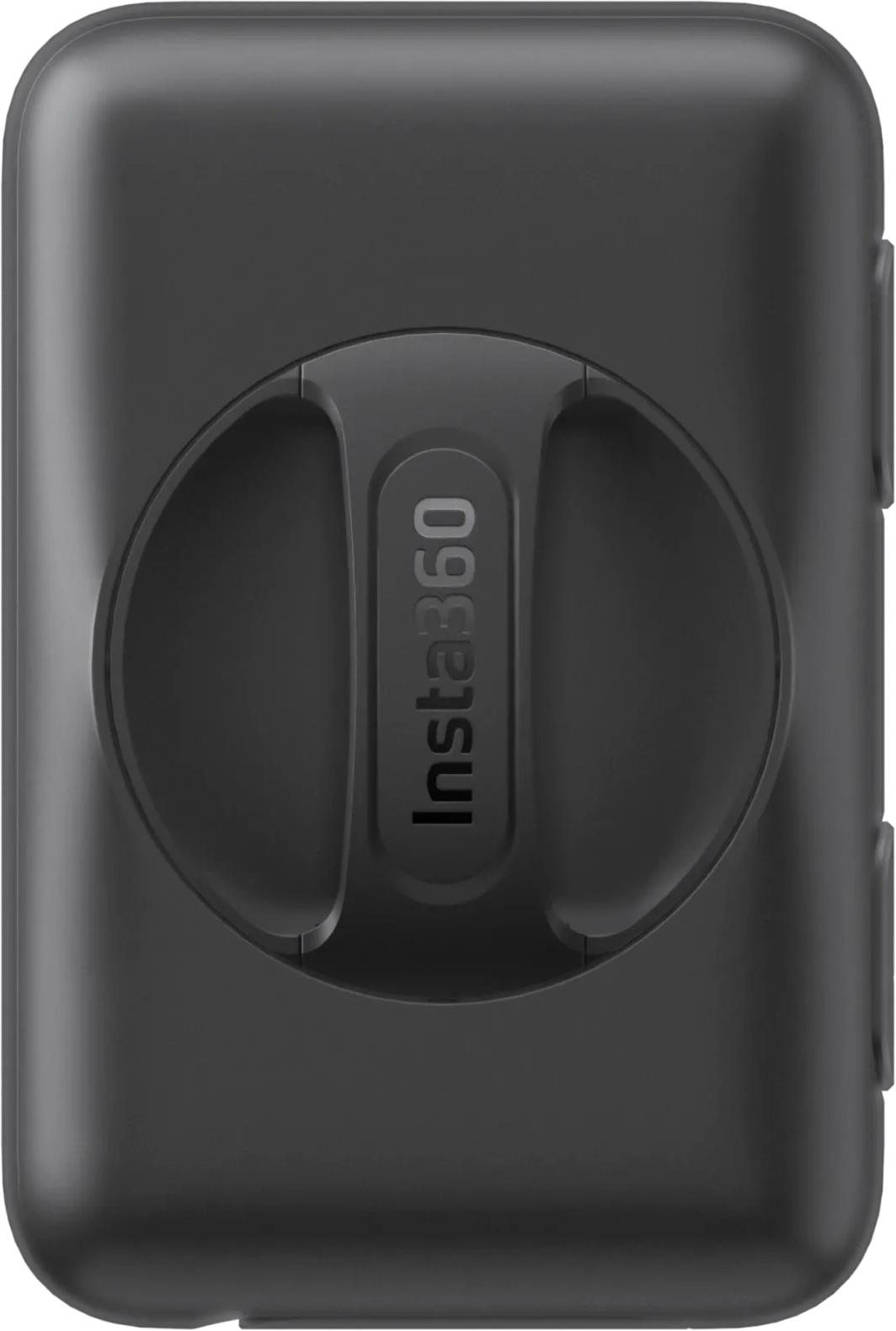 Eine schwarze Insta360-Kamera. Sie hat eine kreisförmige Vertiefung mit dem Markennamen. Das Gerät hat abgerundete Ecken und eine glatte Oberfläche.