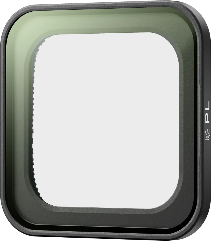 Ein quadratischer Kamerafilter mit abgerundeten Ecken. Der Filter hat eine dunkelgraue Mitte und einen hellgrünen Rahmen. Die Buchstaben "PL" sind sichtbar.