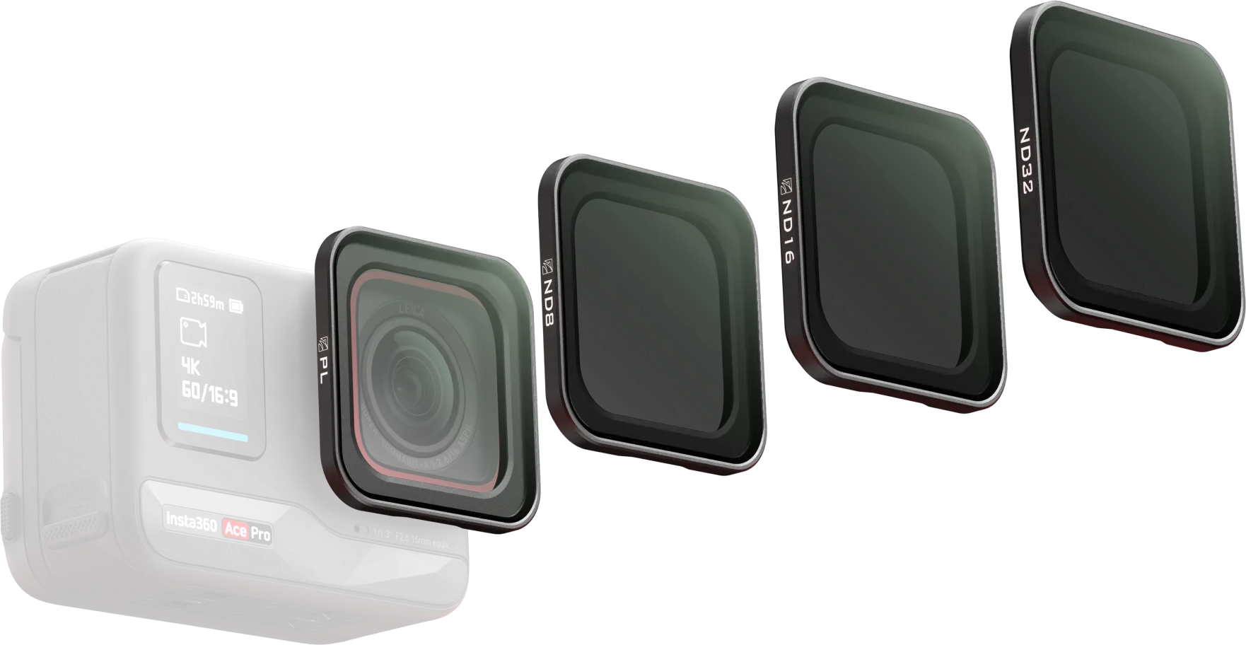 Schwarze Insta360 Ace Pro Kamera mit Filtern ND8, ND16 und ND32. Kamera zeigt Einstellungen an. Leica-Objektiv.