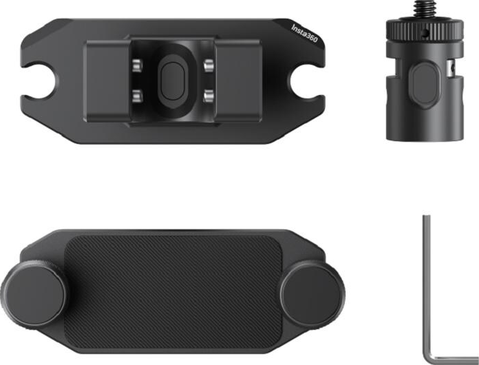 Schwarzes Insta360-Kamera-Zubehör: eine Halterung, ein Adapter, eine Basis mit Knöpfen und ein L-förmiger Schraubenschlüssel.