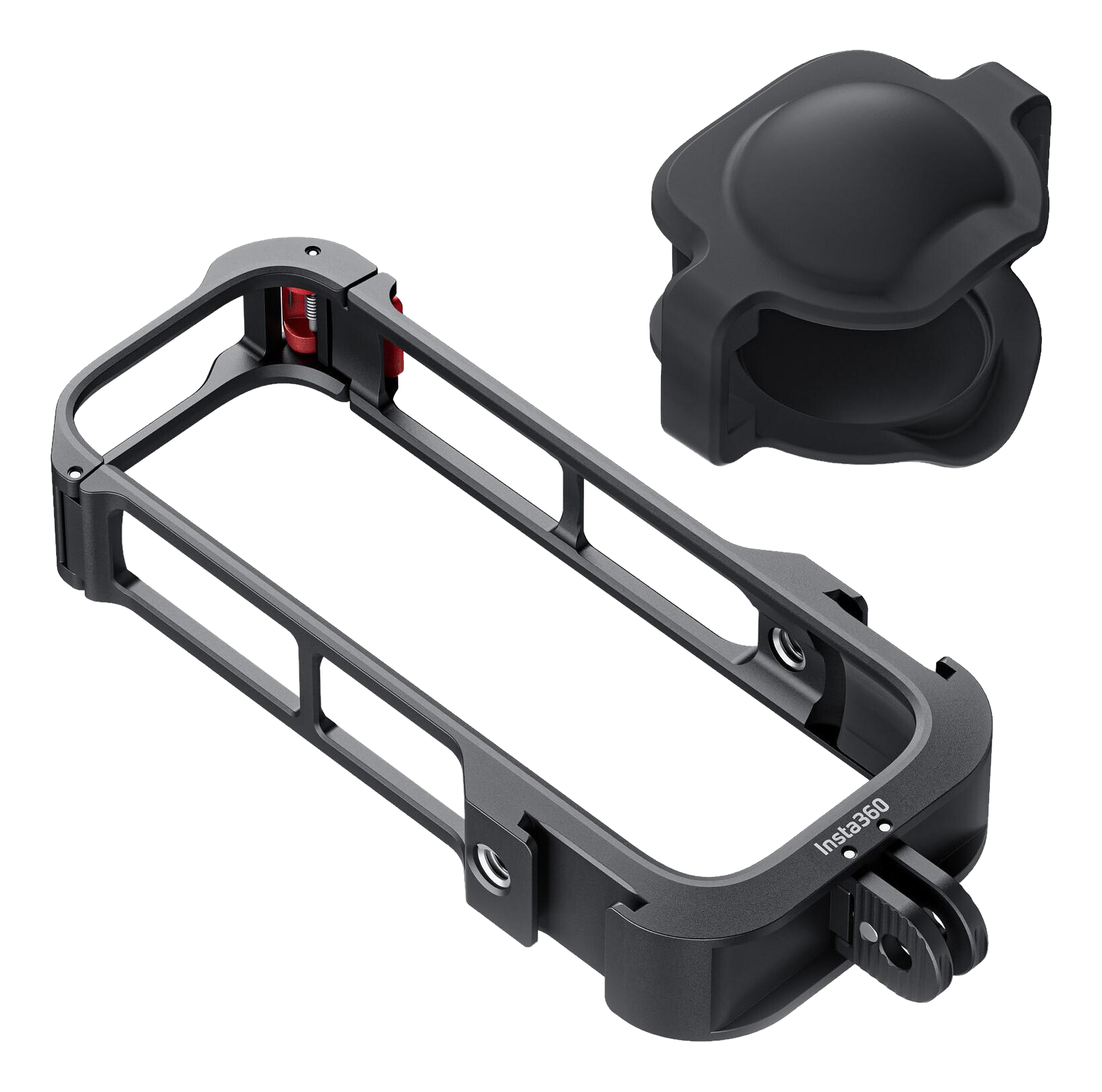 Ein schwarzer Insta360-Kamerakäfig und eine Objektivkappe vor schwarzem Hintergrund. Der Käfig hat rote Akzente.