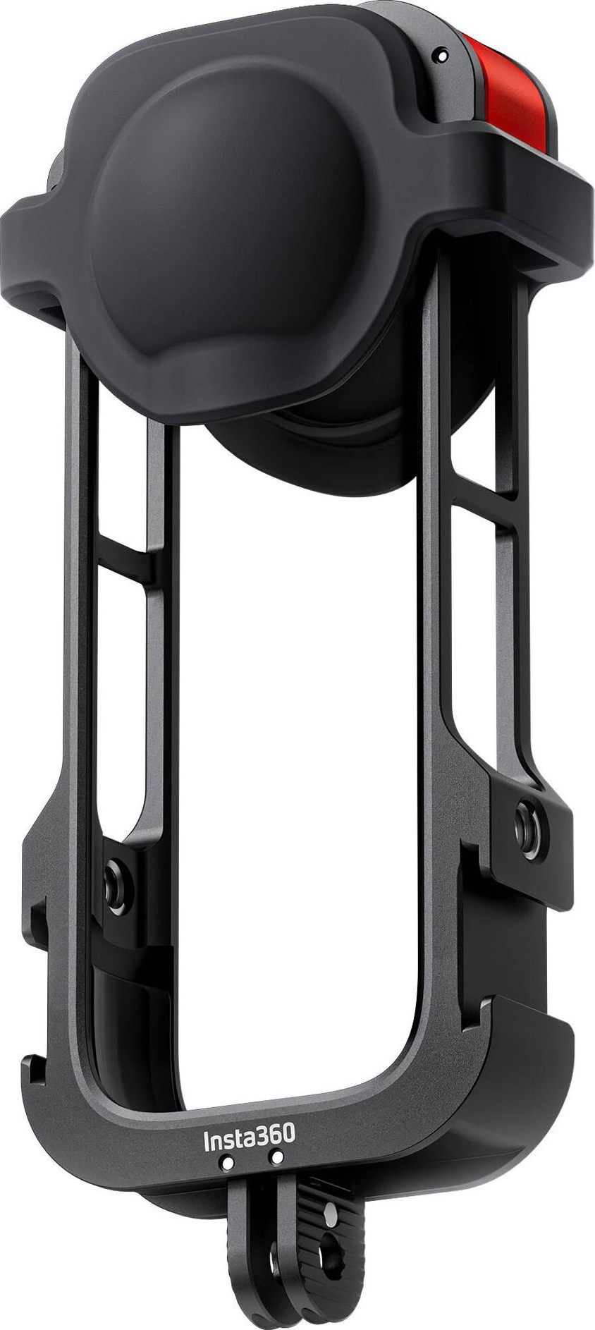 Schwarzer Insta360 Kamerakäfig. Er hat einen roten Akzent oben. Der Käfig hat mehrere Stützstrukturen und eine Halterung unten.
