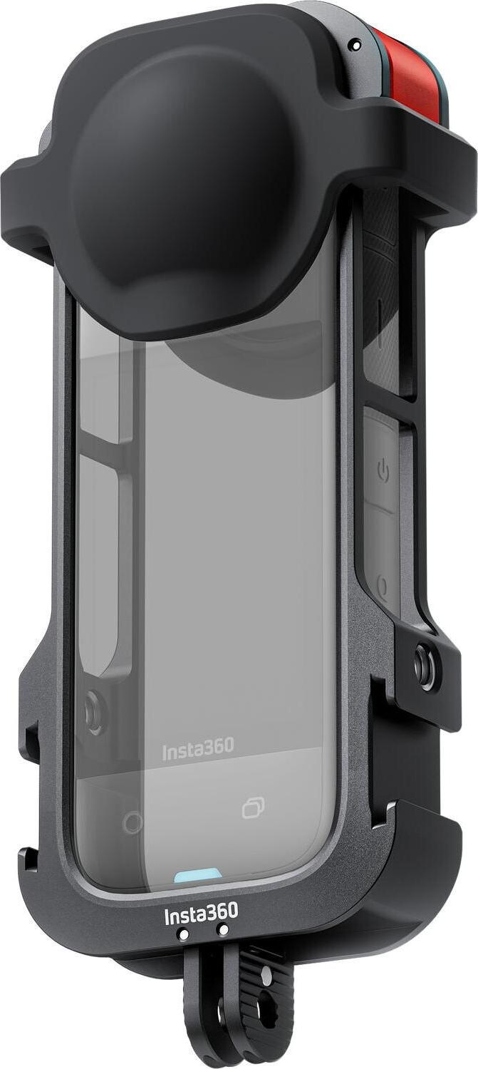 Schwarze Insta360-Kamerahülle. Enthält Kameragehäuse, Knöpfe und Schutzhülle. Mit Insta360-Logo.