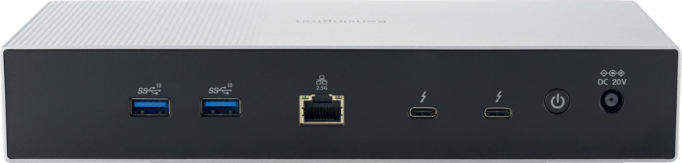 Eine silberne und schwarze Dockingstation. Es hat USB-Anschlüsse, einen Ethernet-Anschluss, Thunderbolt-Anschlüsse und einen Power-Button.
