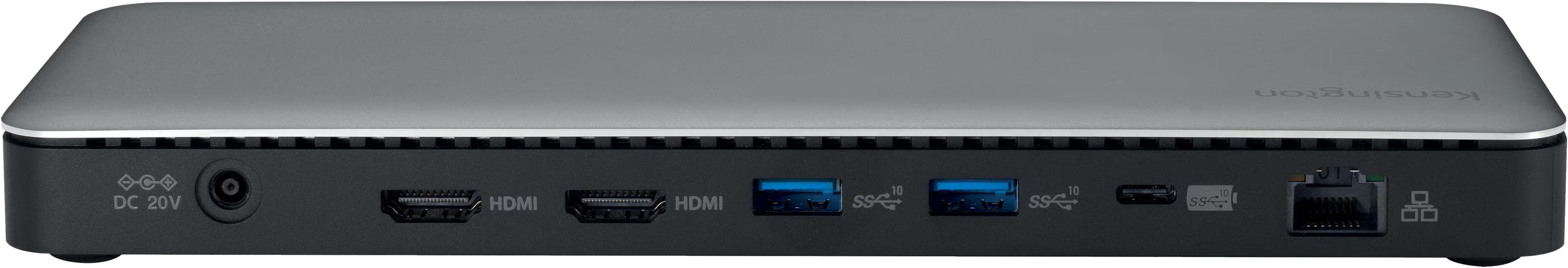 Eine dunkelgraue Kensington-Dockingstation. Sie hat mehrere Anschlüsse, darunter HDMI und USB, und das Kensington-Logo.