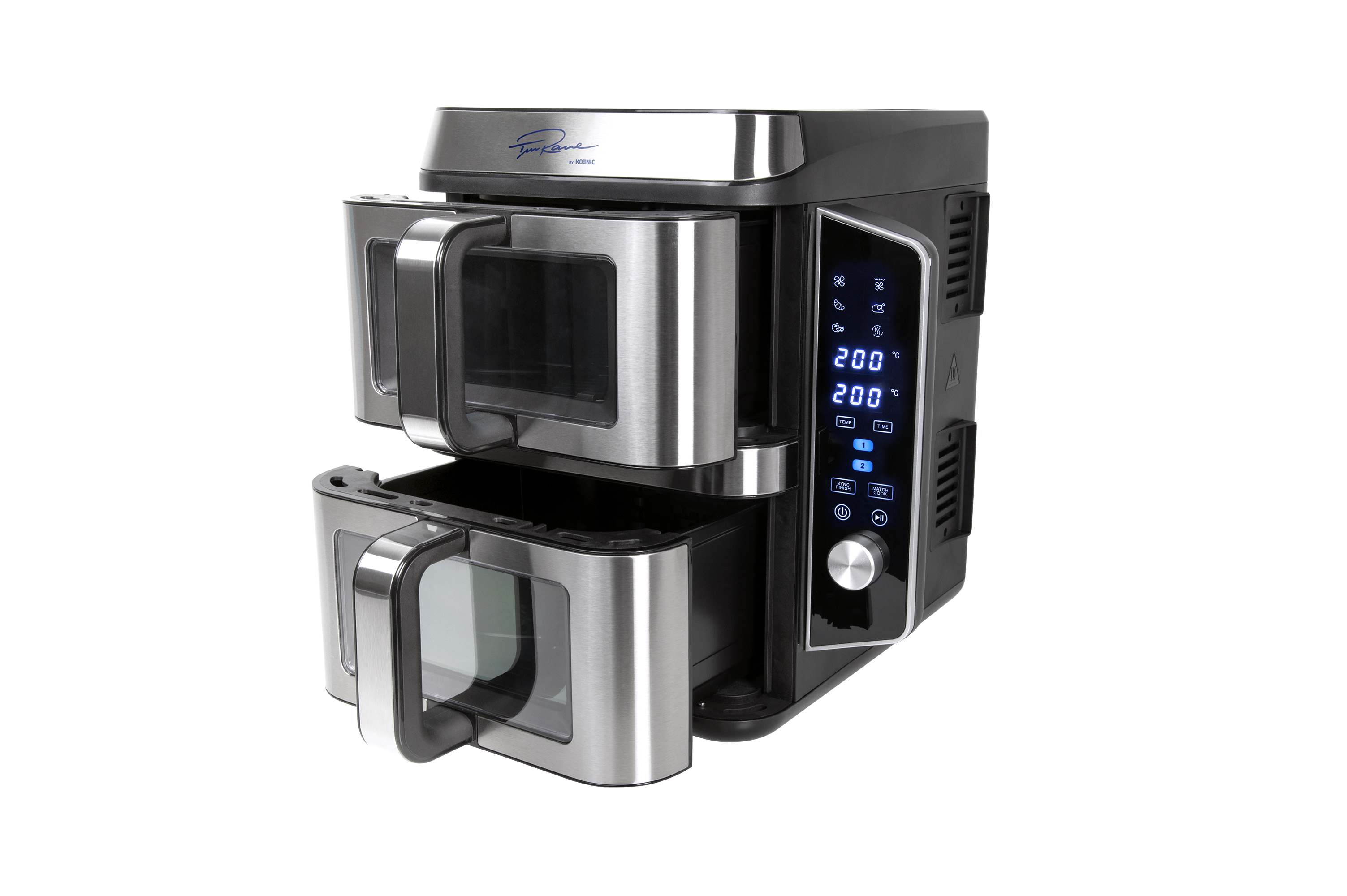 Egy légsütő két rekesszel, ezüst fogantyúkkal és egy digitális kijelzővel, amely a beállításokat és a hőmérsékletet mutatja.