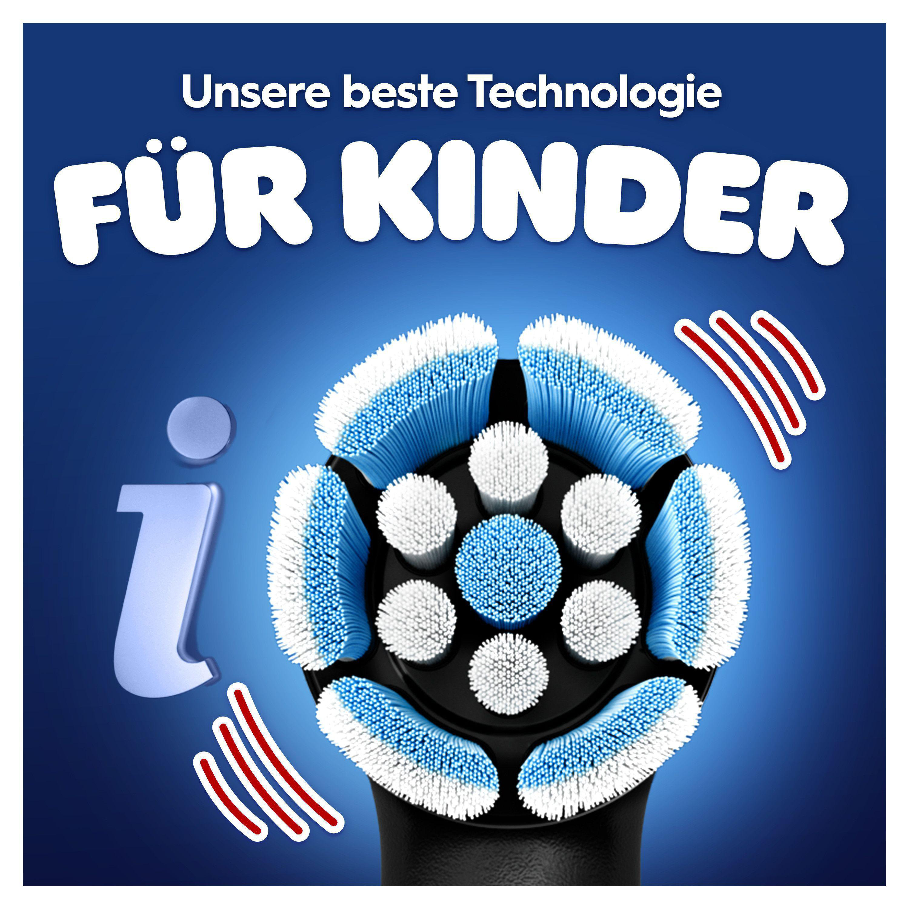 Das Bild zeigt einen elektrischen Zahnbürstenkopf mit blauen und weißen Borsten. Text: „Unsere beste Technologie für Kinder“.