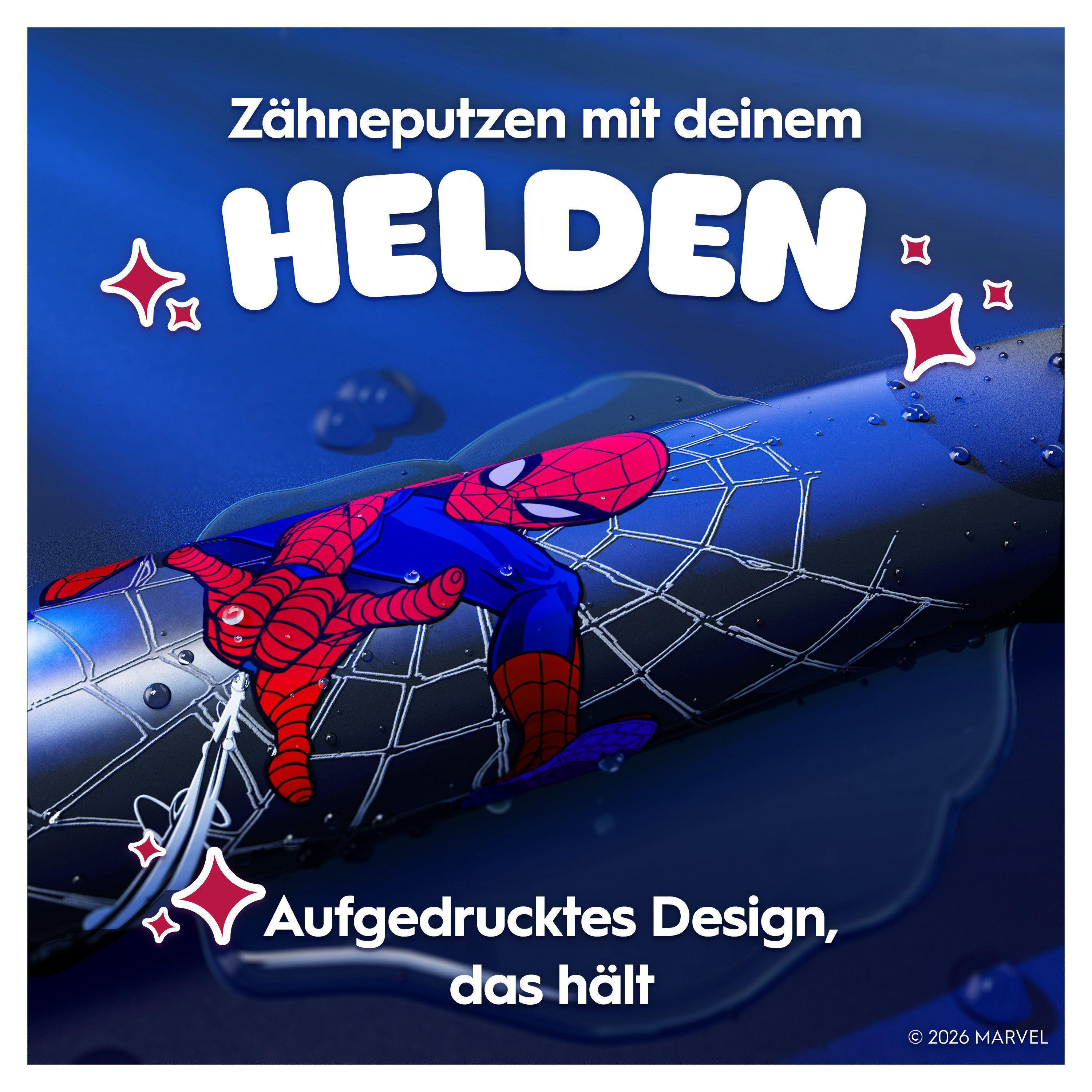 Das Bild zeigt ein Spider-Man-Design auf blauem Hintergrund. Der Text lautet 'Zähneputzen mit deinem Helden.'