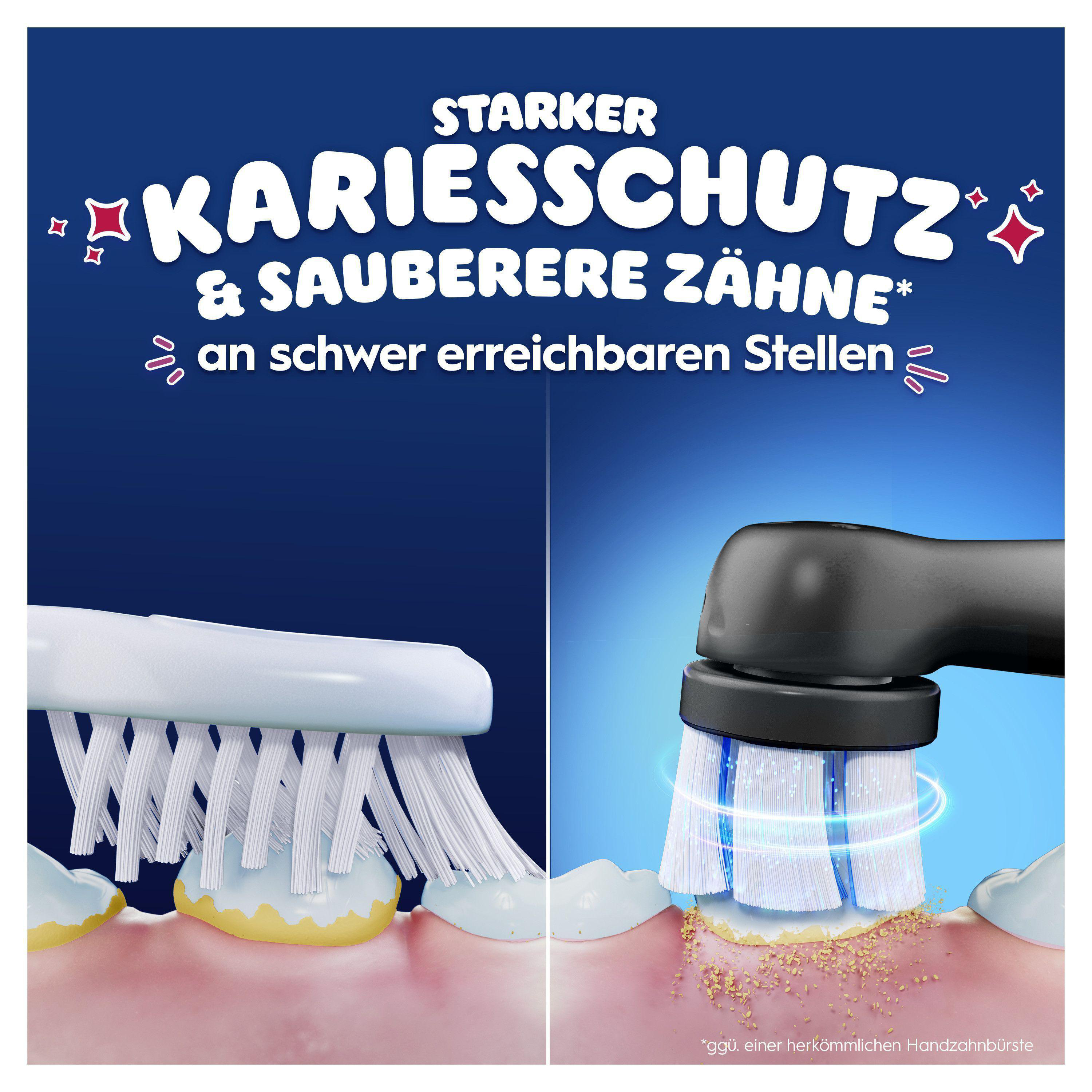 Das Bild zeigt eine Zahnbürste, die Zähne putzt. Der Text lautet 'Starker Kariesschutz & sauberere Zähne', mit deutschem Text.